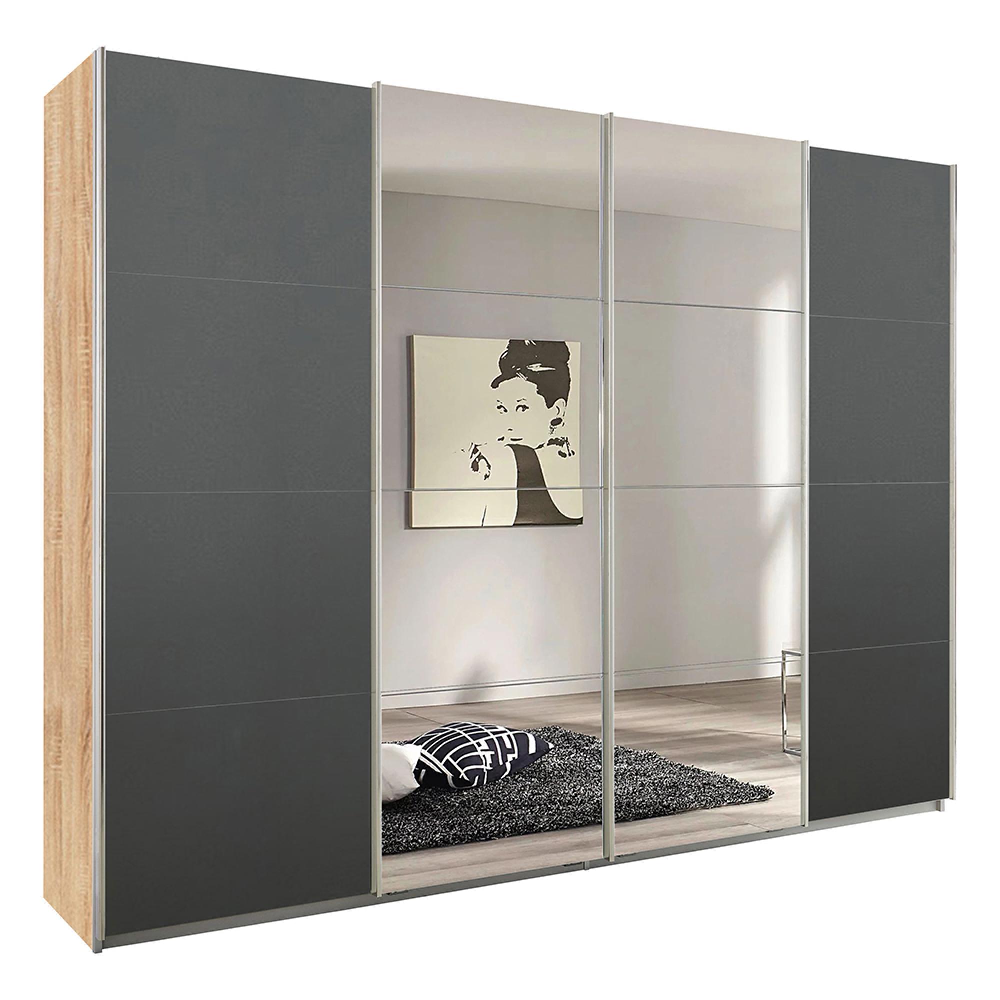 Rauch Syncrono 271cm 4 Door Sliding Wardrobe with Mirror - Sonoma Oak and Metallic Dark Grey