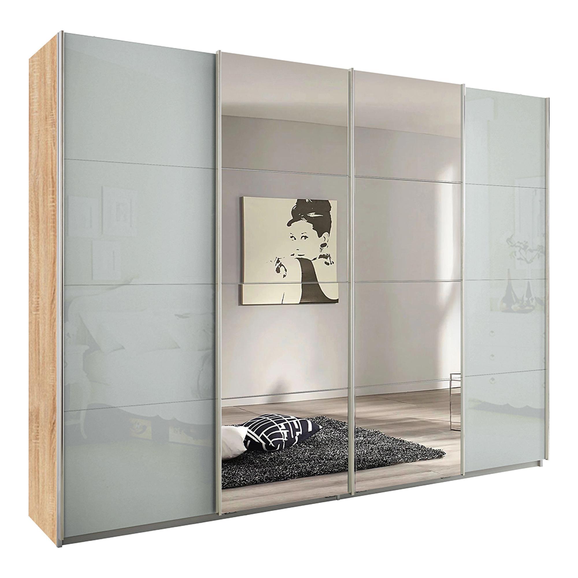 Rauch Syncrono 271cm 4 Door Sliding Wardrobe with Mirror - Sonoma Oak and Silk Grey Glass