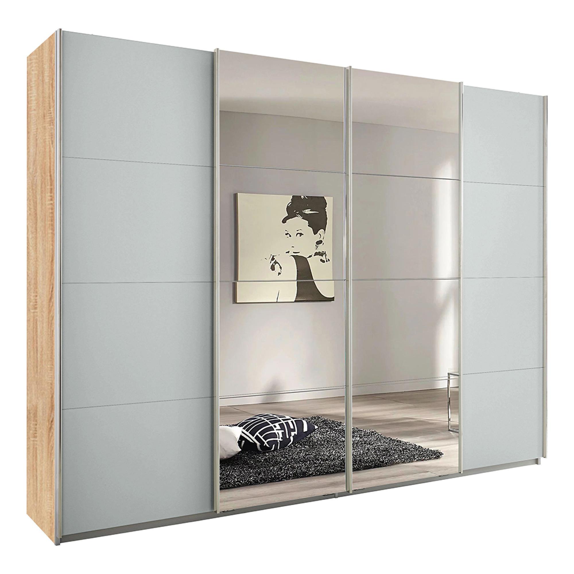 Rauch Syncrono 271cm 4 Door Sliding Wardrobe with Mirror - Sonoma Oak and Silk Grey