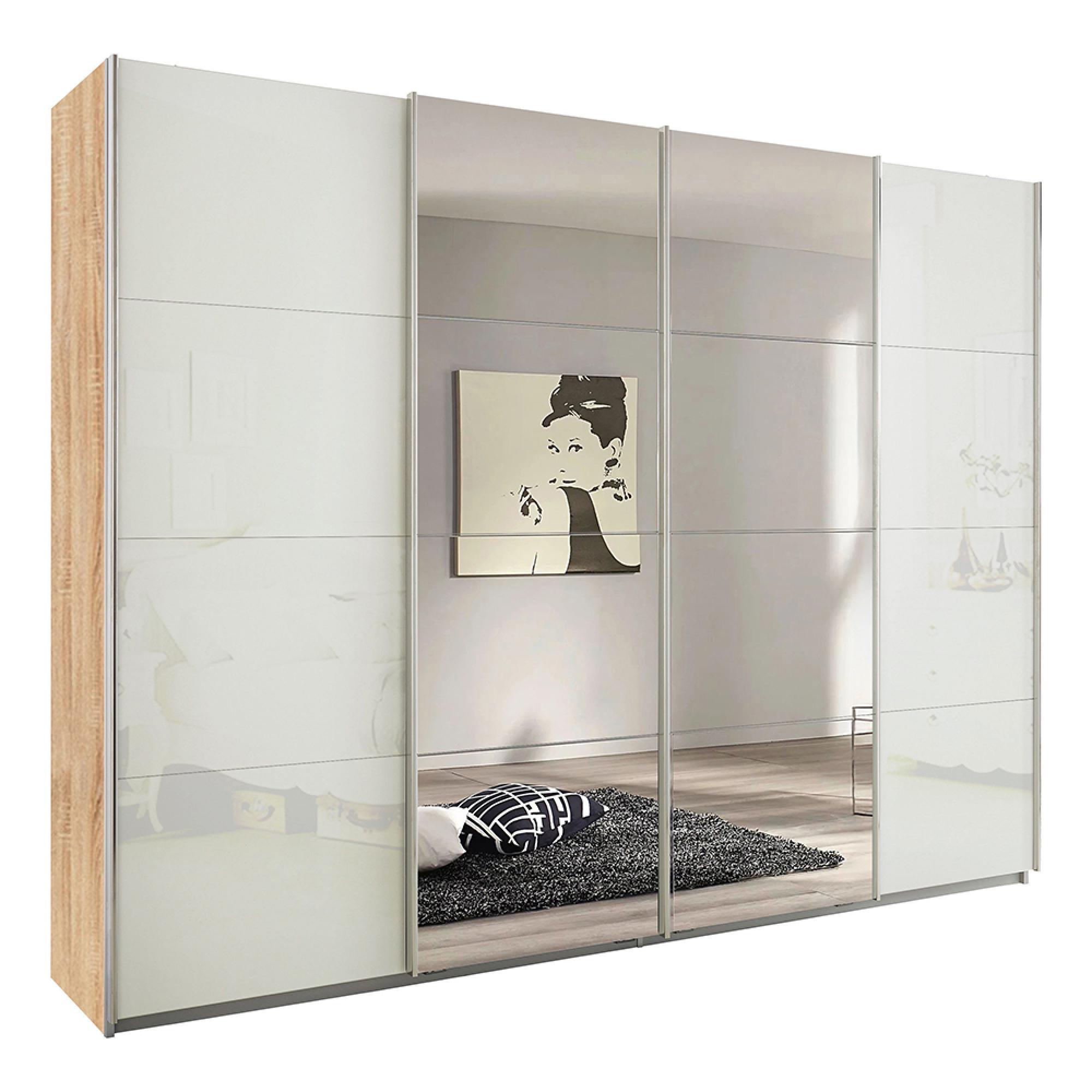 Rauch Syncrono 271cm 4 Door Sliding Wardrobe with Mirror - Sonoma Oak and White Glass