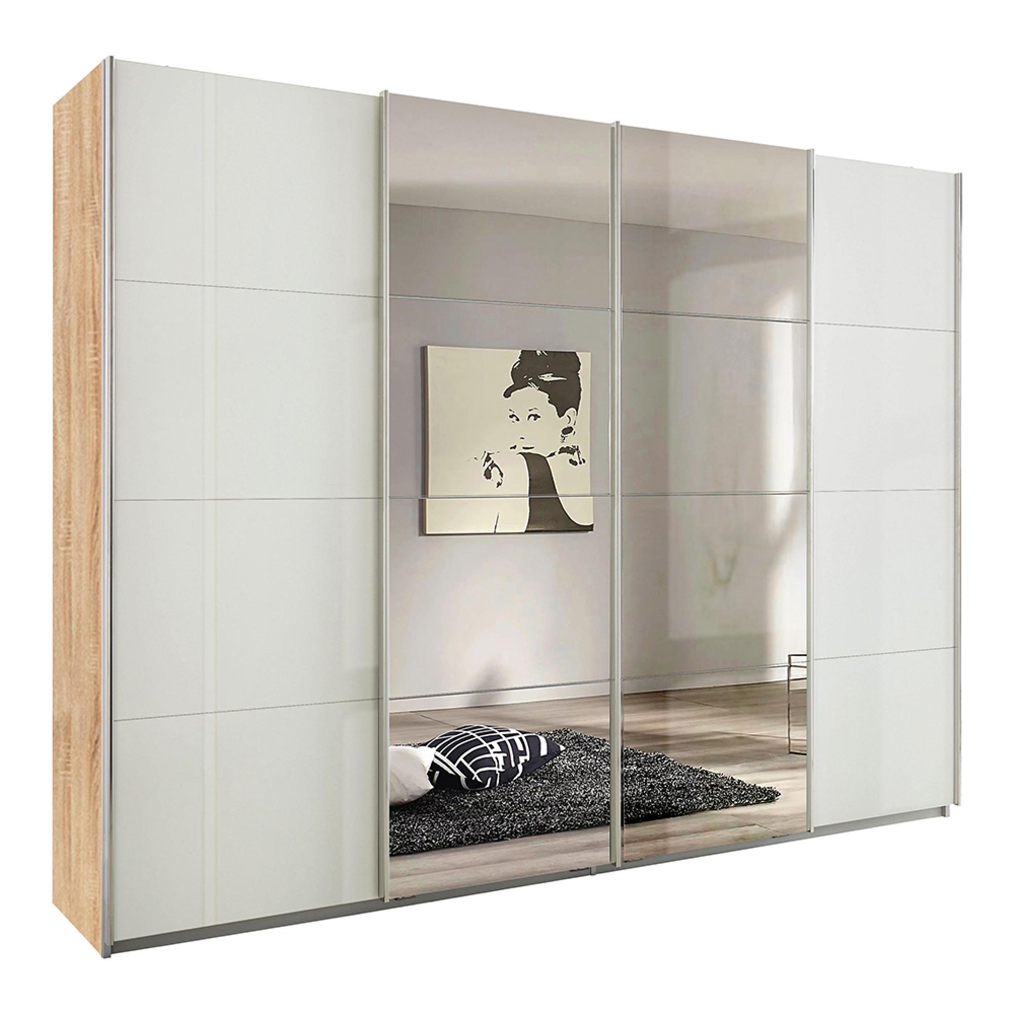 Rauch Syncrono 271cm 4 Door Sliding Wardrobe with Mirror - Sonoma Oak and White High Gloss