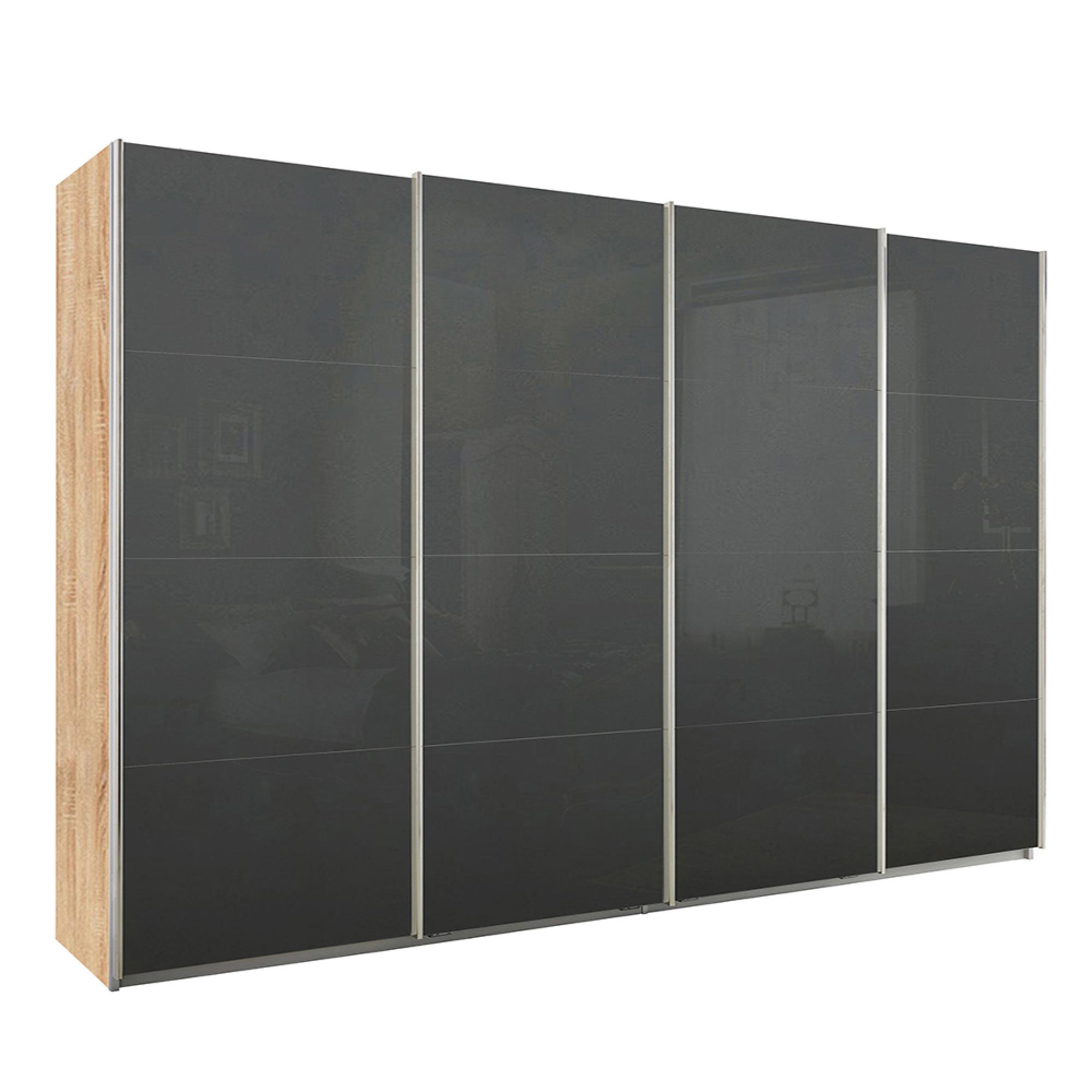Rauch Syncrono 316cm 4 Door Glass Sliding Wardrobe - Sonoma Oak and Basalt