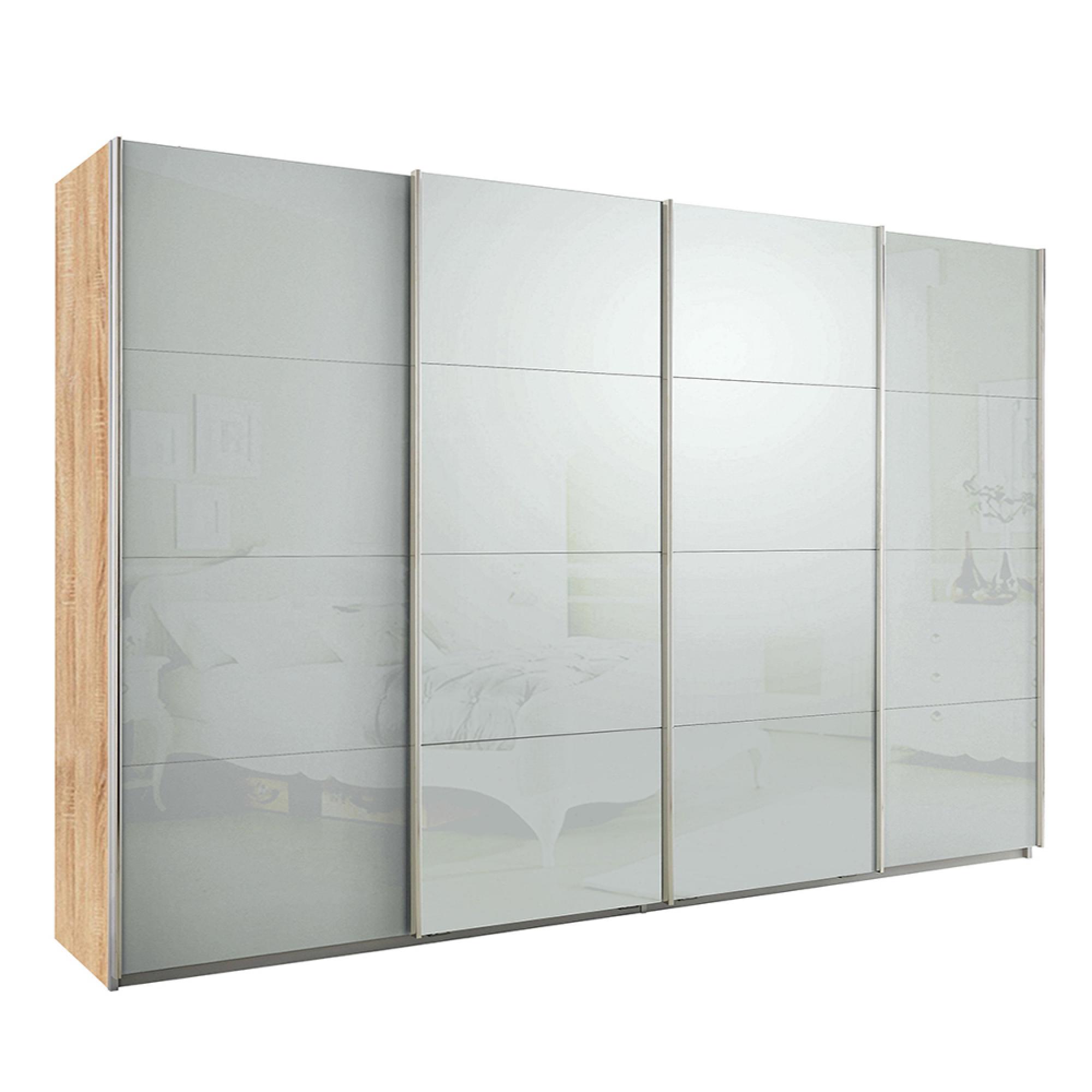Rauch Syncrono 316cm 4 Door Glass Sliding Wardrobe - Sonoma Oak and Silk Grey