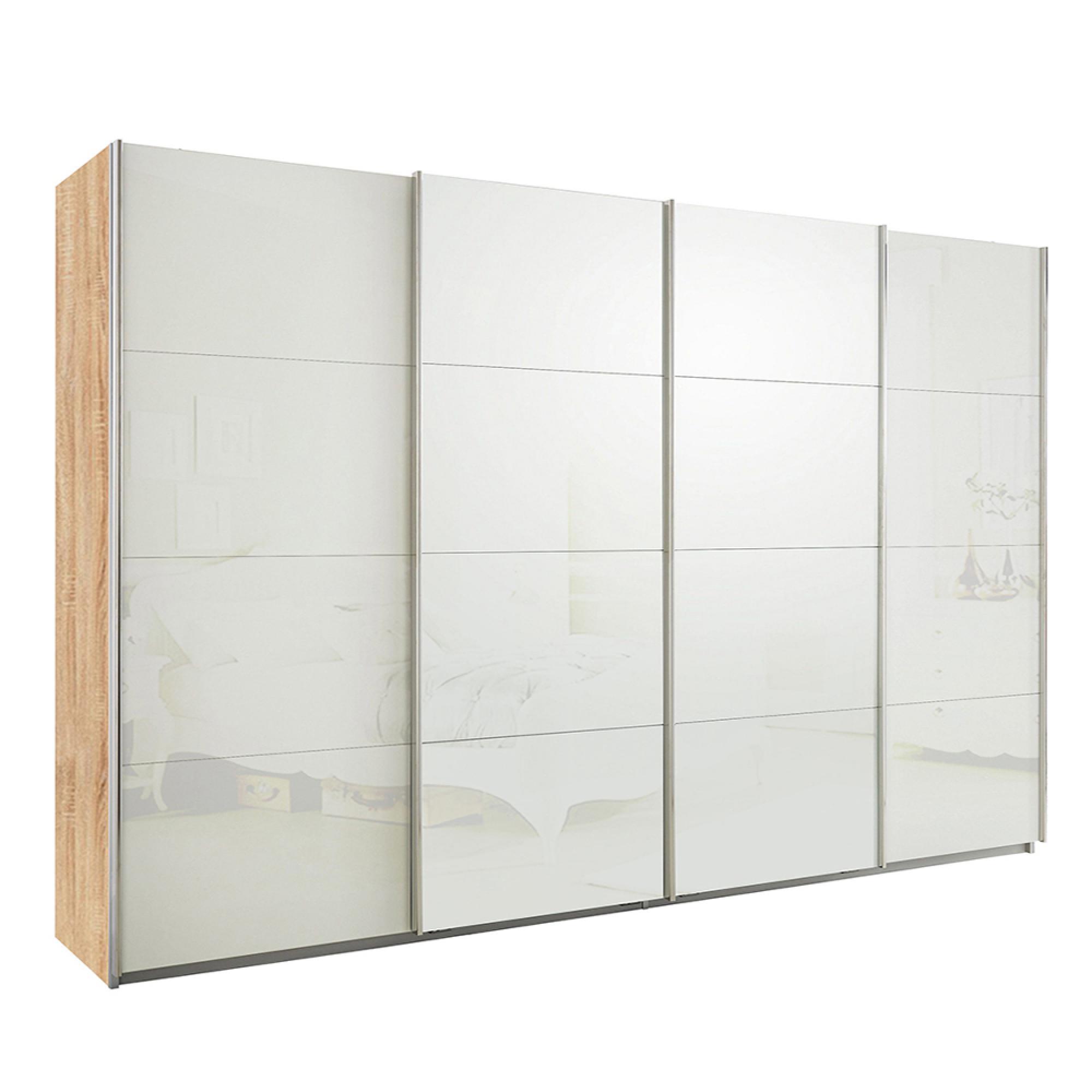 Rauch Syncrono 316cm 4 Door Glass Sliding Wardrobe - Sonoma Oak and White