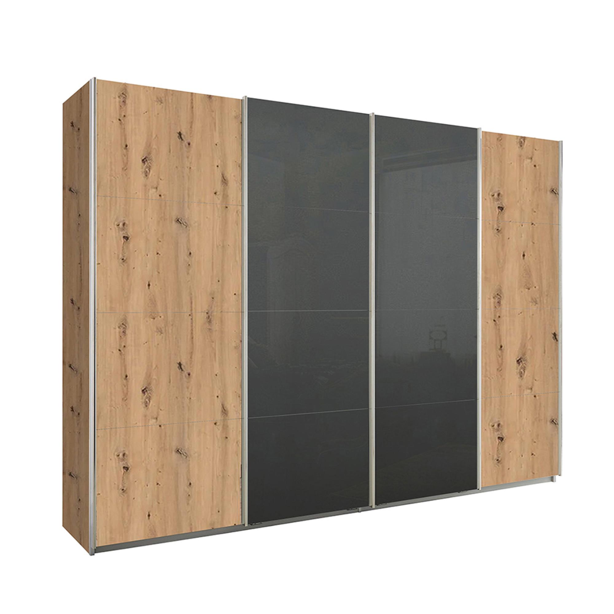 Rauch Syncrono 316cm 4 Door Sliding Wardrobe - Artisan Oak and Basalt Glass