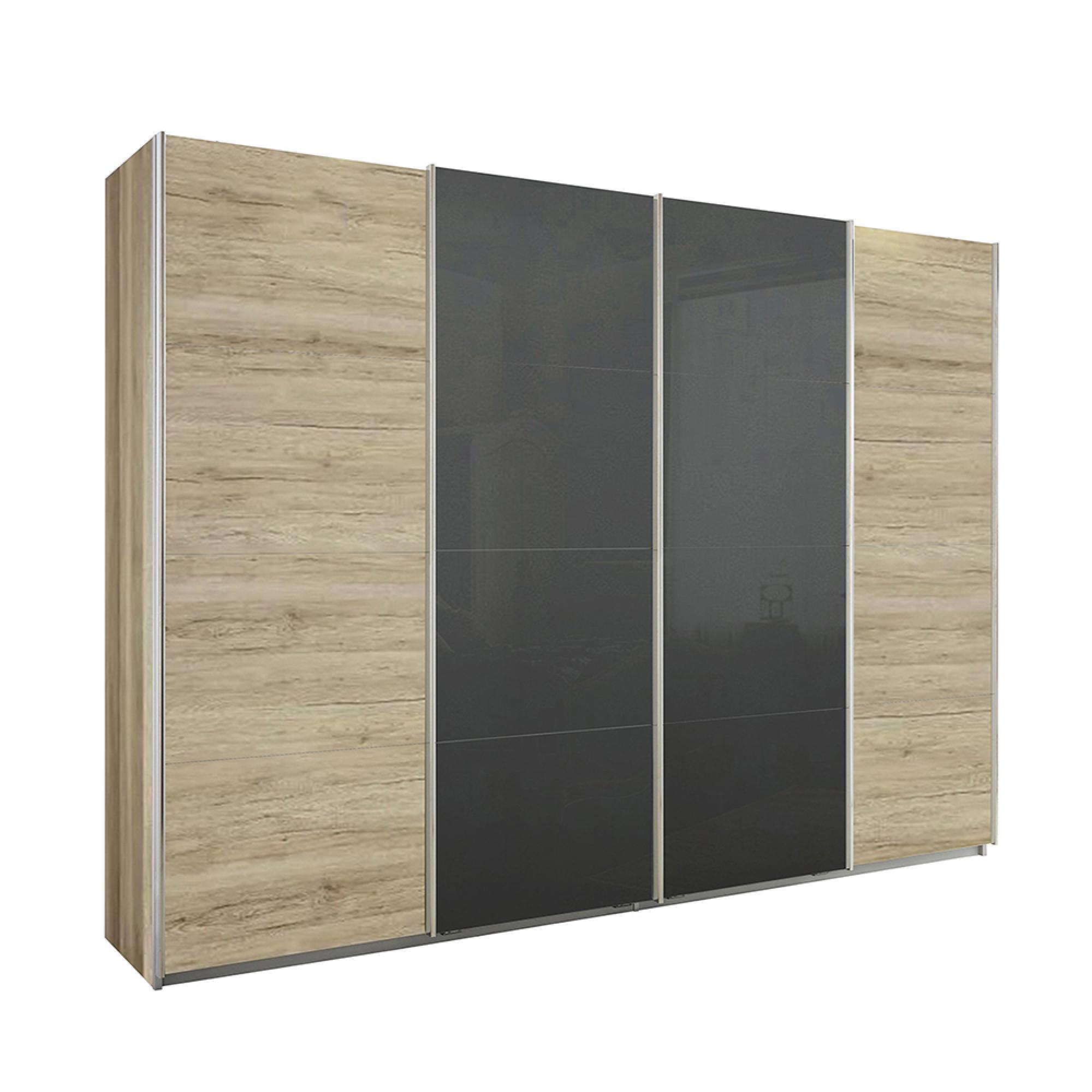 Rauch Syncrono 316cm 4 Door Sliding Wardrobe - Sanremo Oak Light and Basalt Glass
