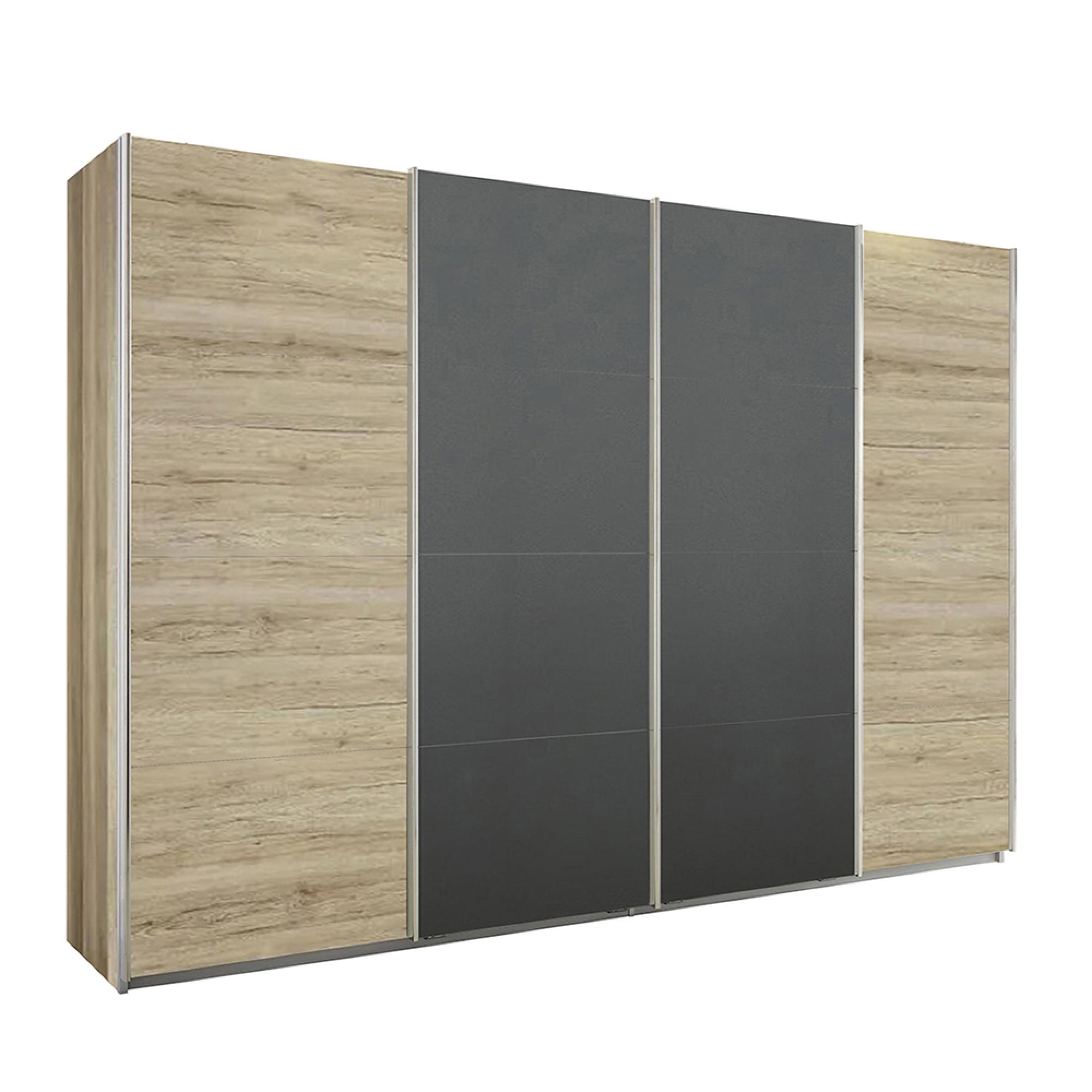 Rauch Syncrono 316cm 4 Door Sliding Wardrobe - Sanremo Oak Light and Metallic Dark Grey