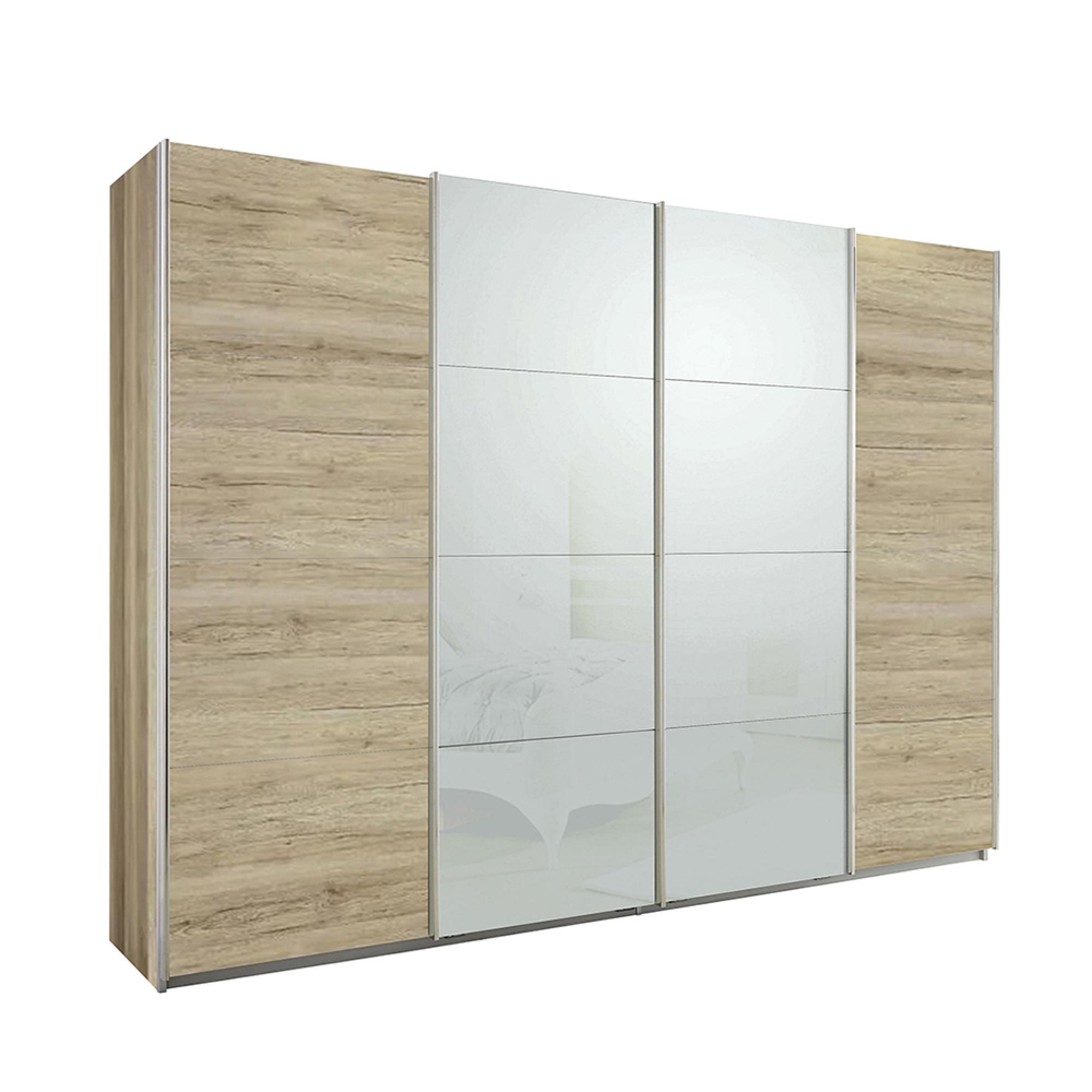 Rauch Syncrono 316cm 4 Door Sliding Wardrobe - Sanremo Oak Light and Silk Grey Glass