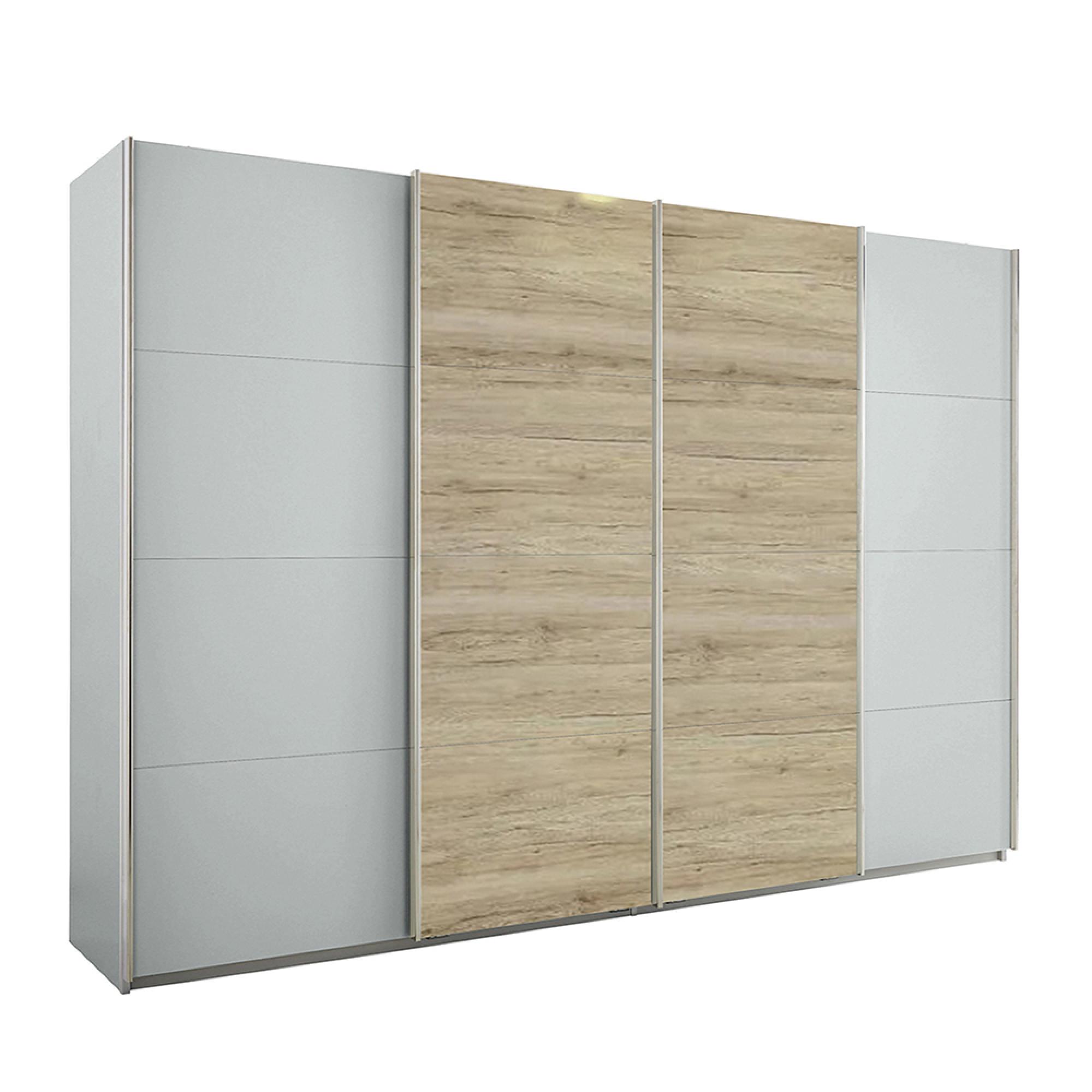 Rauch Syncrono 316cm 4 Door Sliding Wardrobe - Silk Grey and Sanremo Oak Light