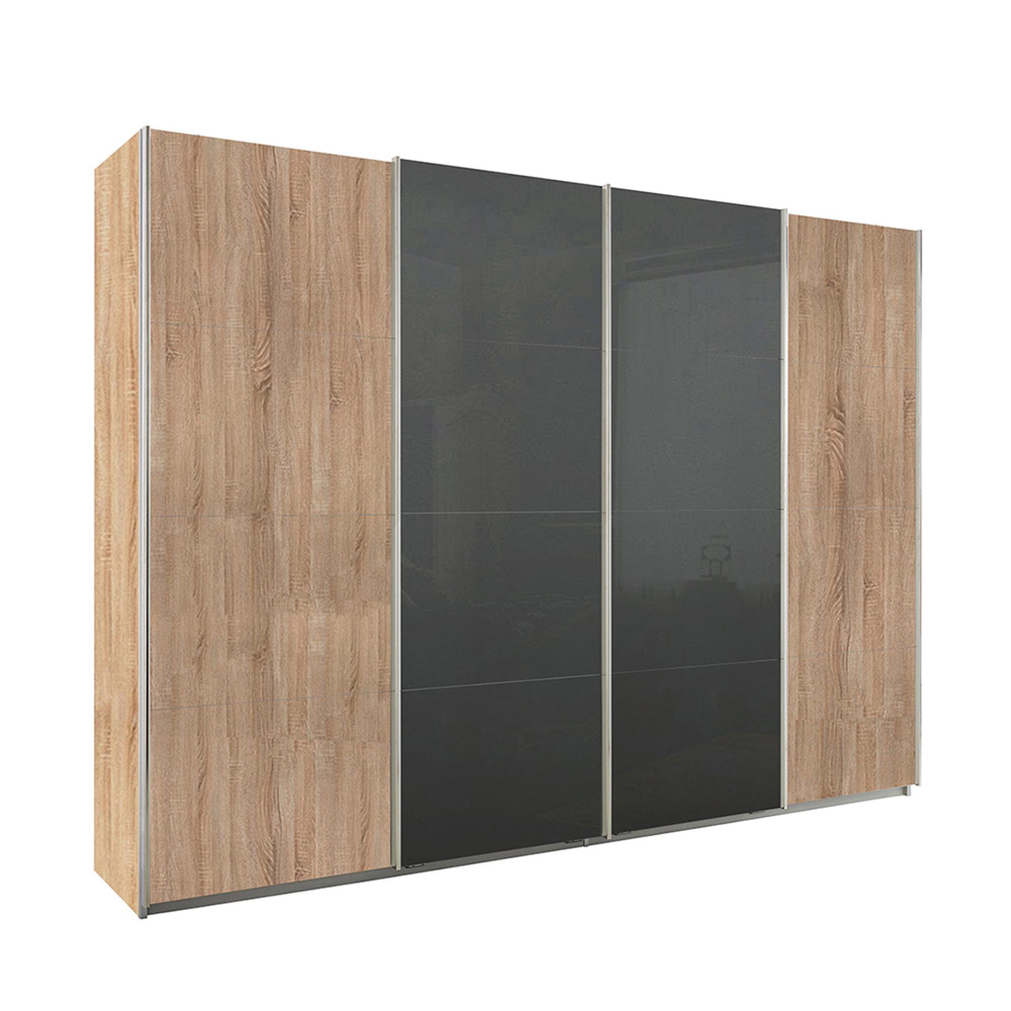Rauch Syncrono 316cm 4 Door Sliding Wardrobe - Sonoma Oak and Basalt Glass
