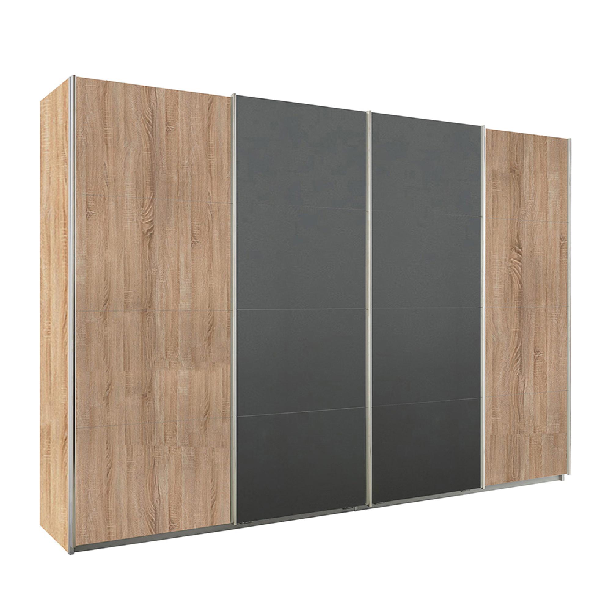 Rauch Syncrono 316cm 4 Door Sliding Wardrobe - Sonoma Oak and Metallic Dark Grey
