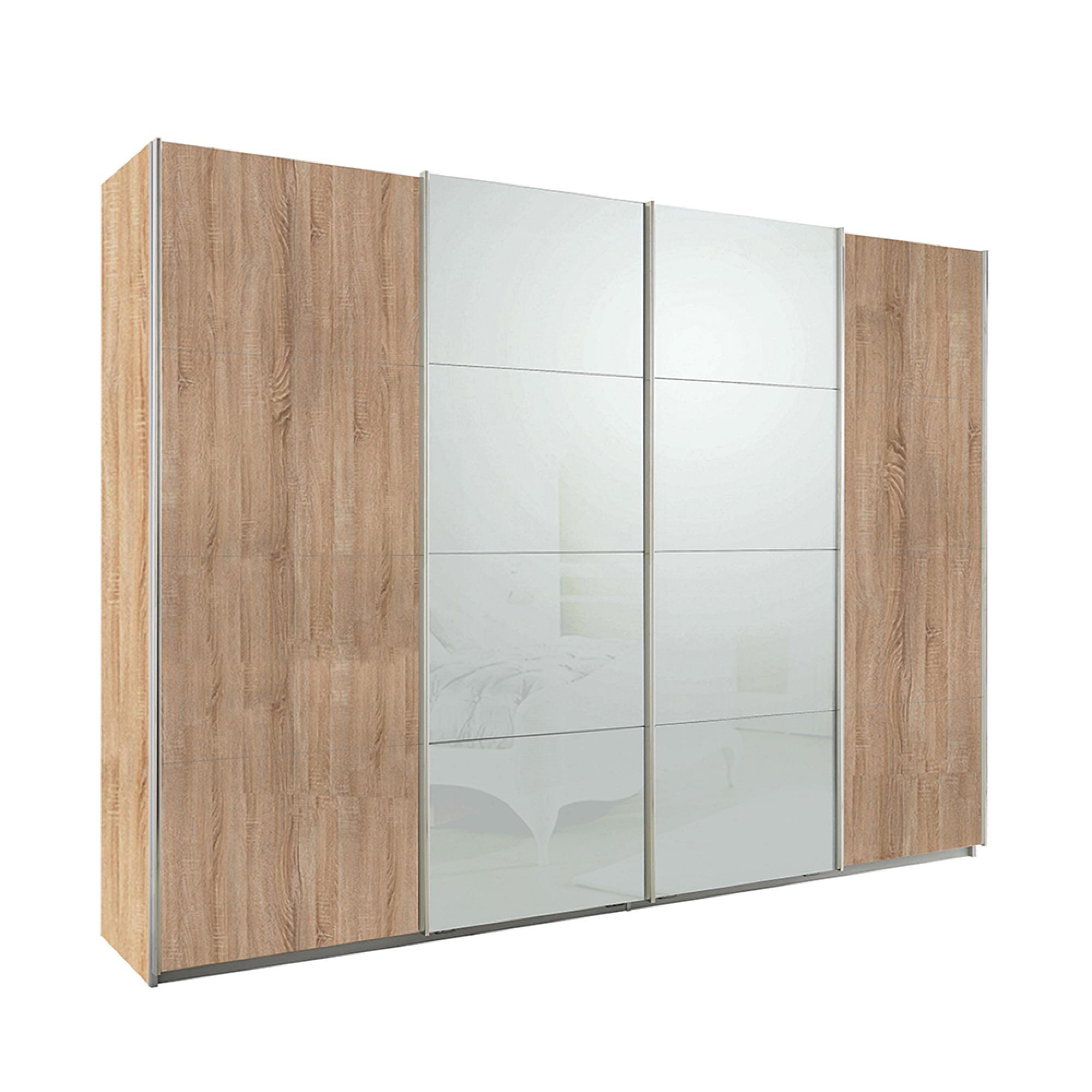 Rauch Syncrono 316cm 4 Door Sliding Wardrobe - Sonoma Oak and Silk Grey Glass