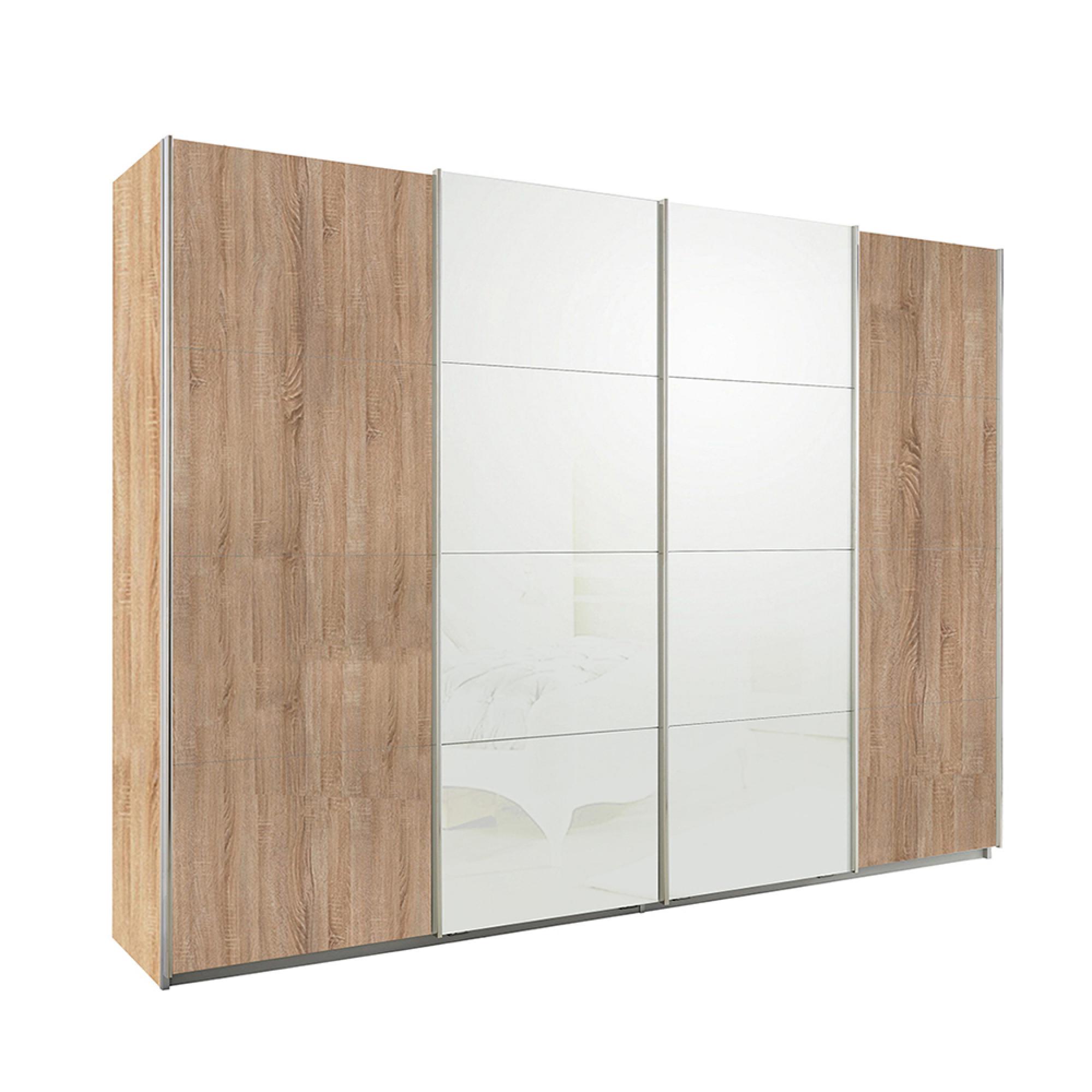 Rauch Syncrono 316cm 4 Door Sliding Wardrobe - Sonoma Oak and White Glass