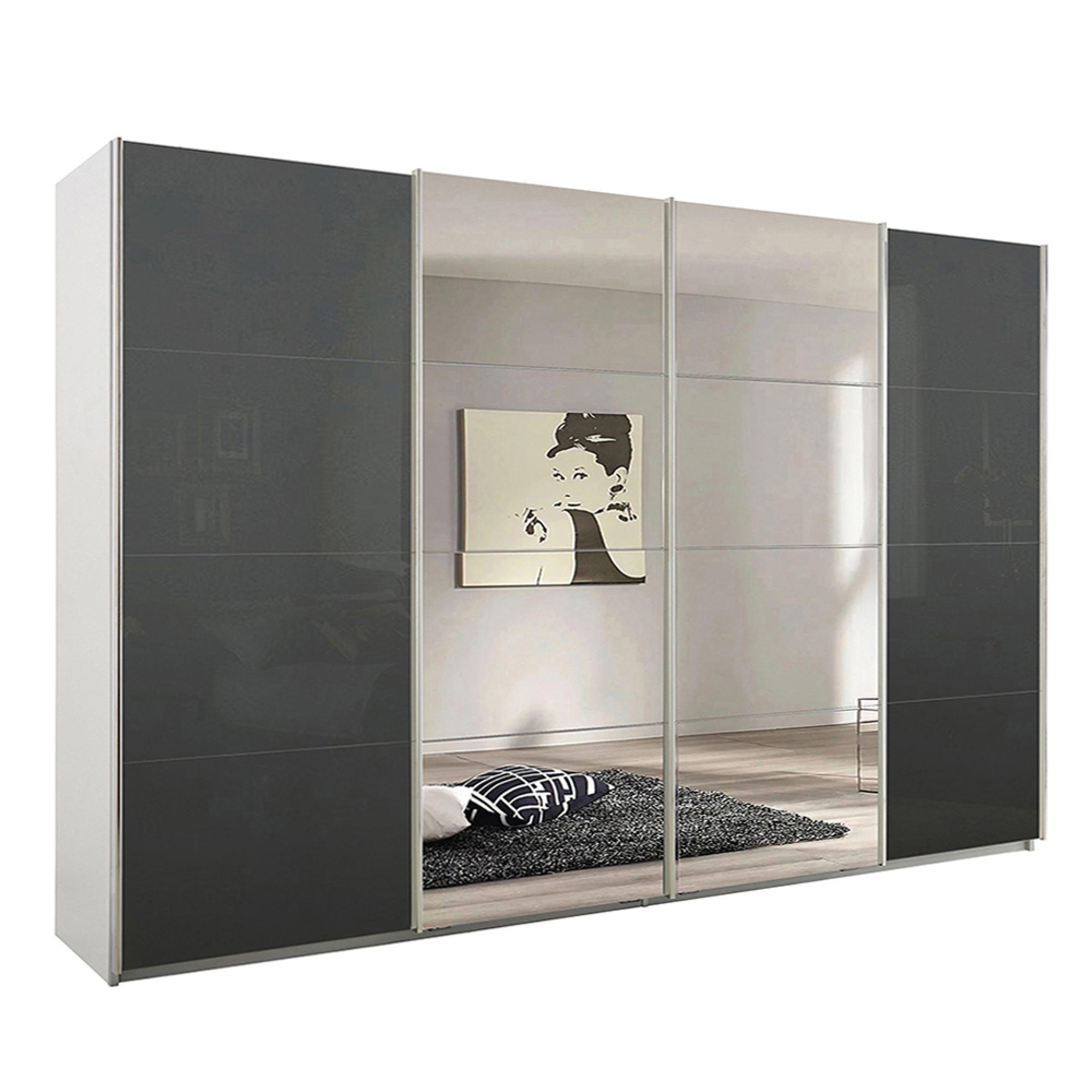 Rauch Syncrono 316cm 4 Door Sliding Wardrobe with Mirror - Alpine White and Basalt Glass
