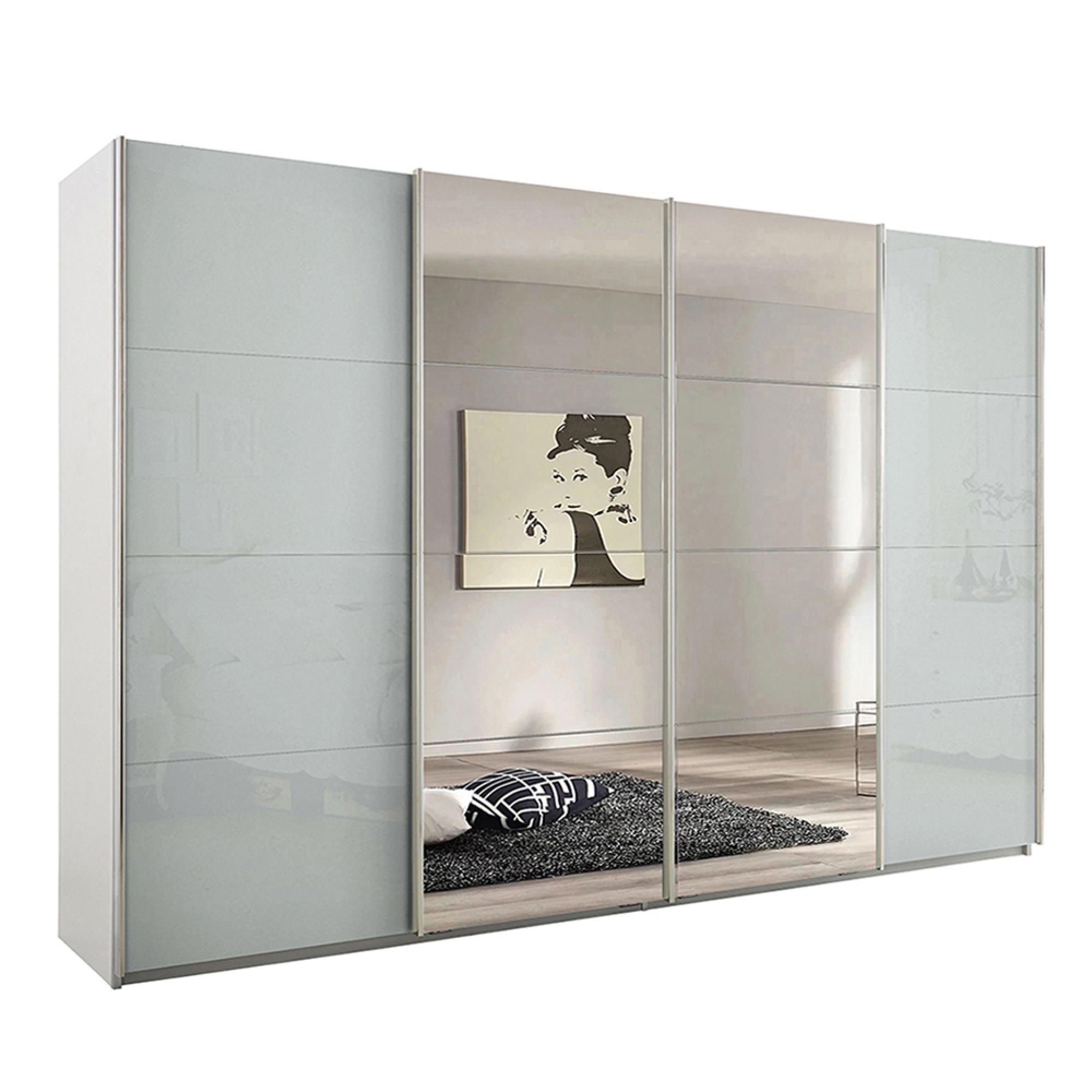 Rauch Syncrono 316cm 4 Door Sliding Wardrobe with Mirror - Alpine White and Silk Grey Glass