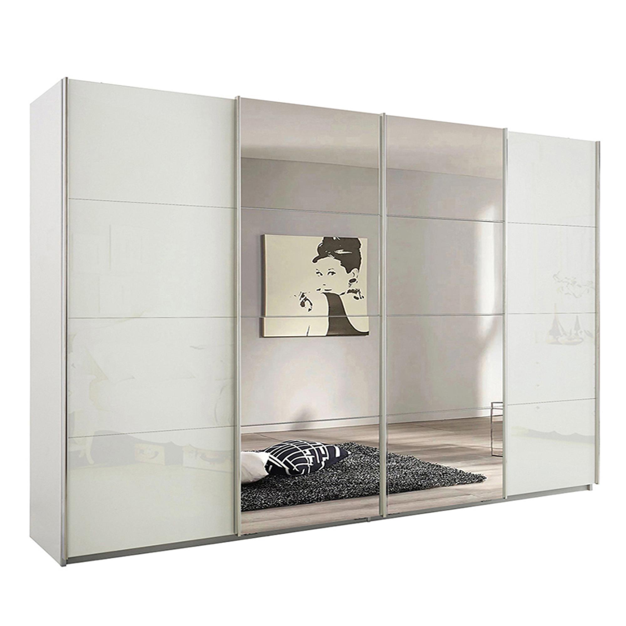 Rauch Syncrono 316cm 4 Door Sliding Wardrobe with Mirror - Alpine White and White Glass