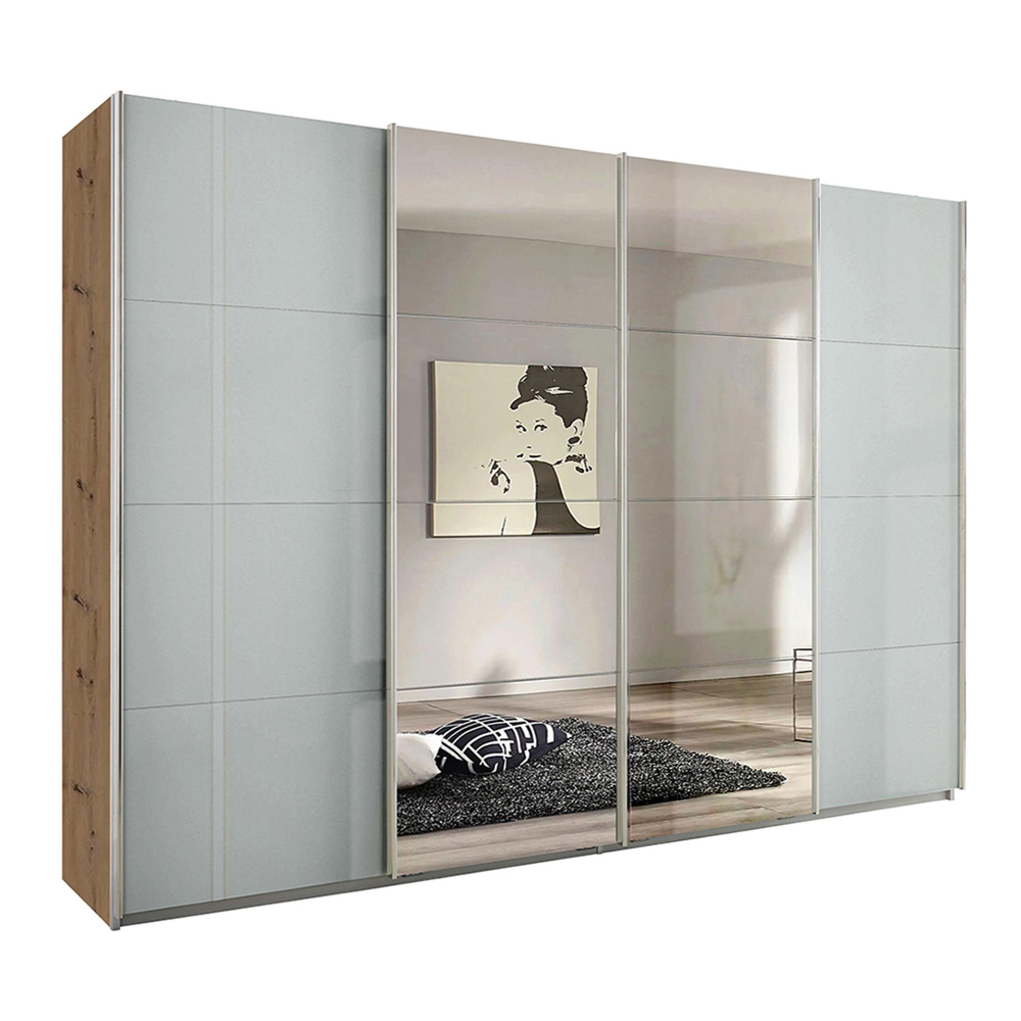 Rauch Syncrono 316cm 4 Door Sliding Wardrobe with Mirror - Artisan Oak and Grey High Gloss