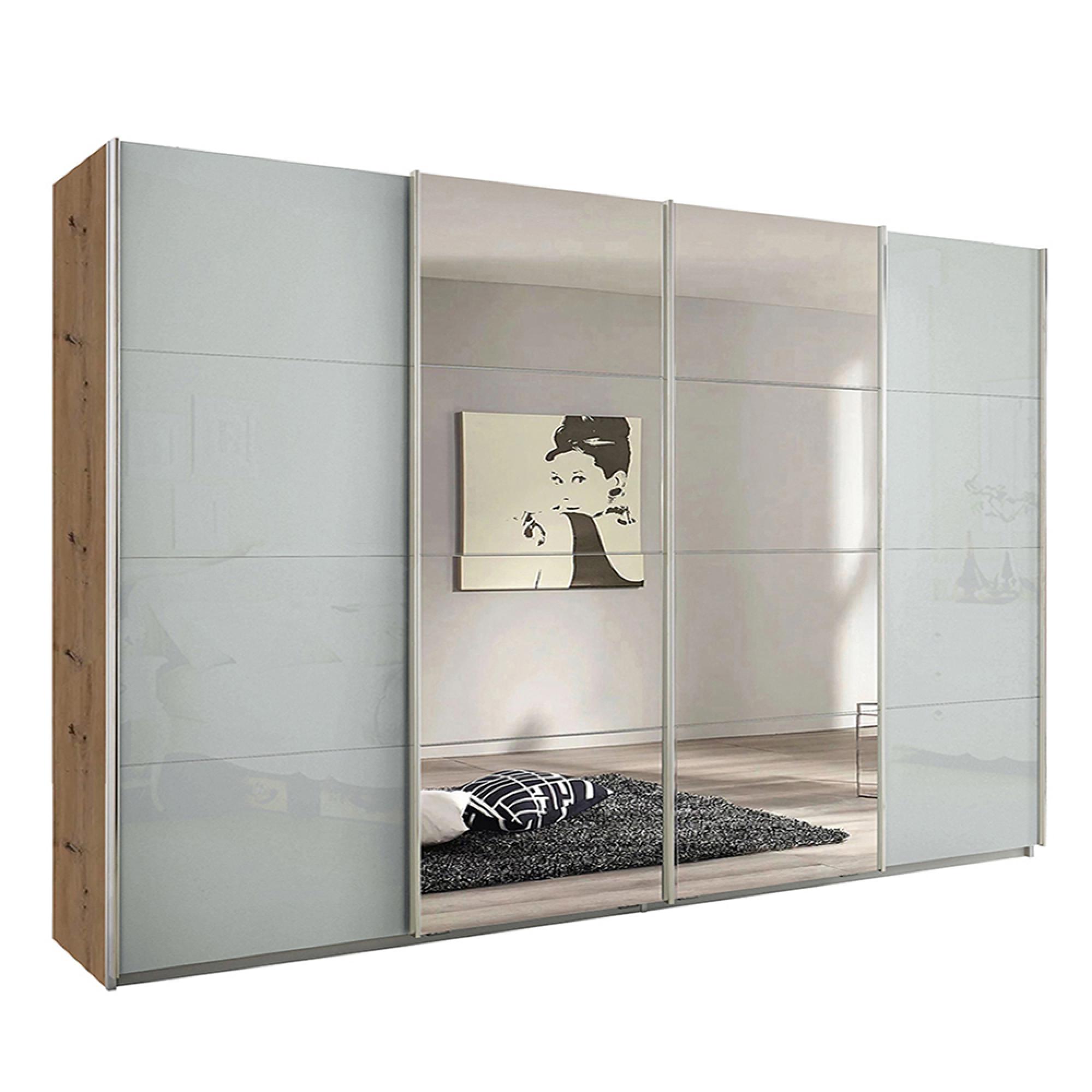 Rauch Syncrono 316cm 4 Door Sliding Wardrobe with Mirror - Artisan Oak and Silk Grey Glass
