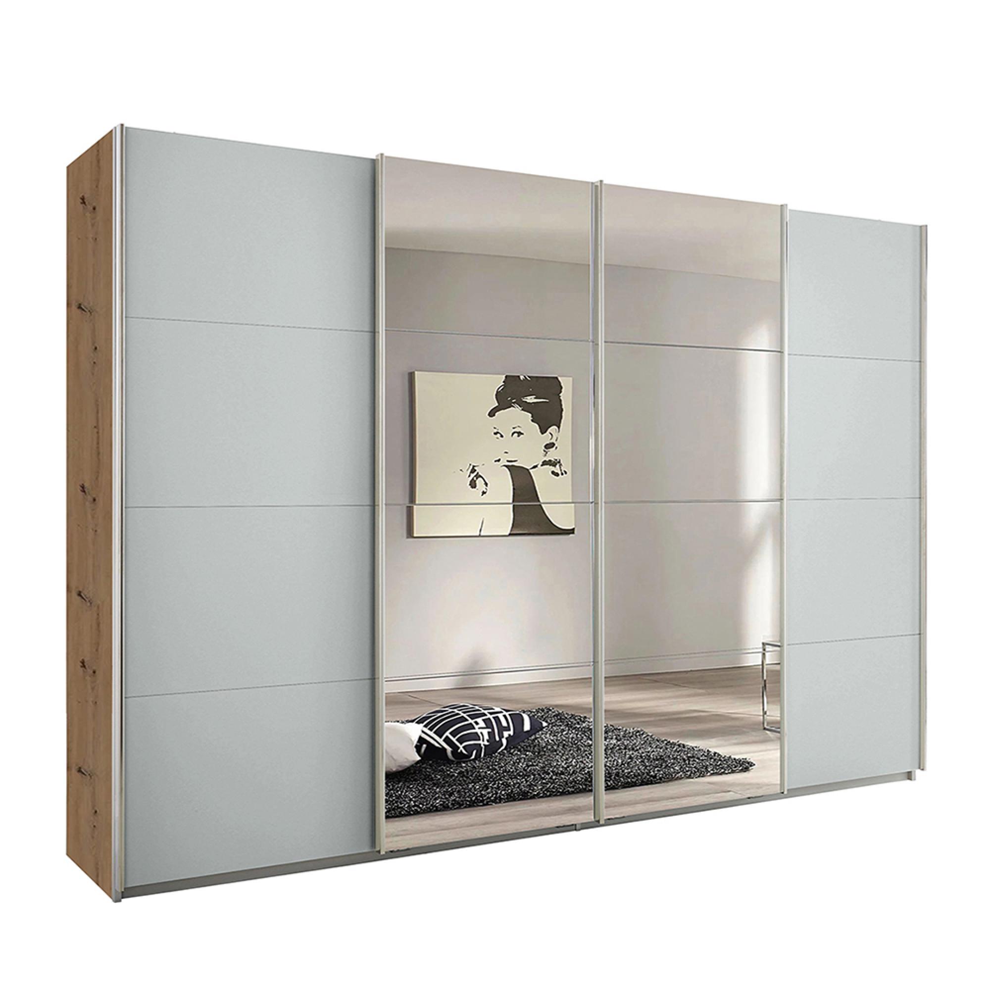 Rauch Syncrono 316cm 4 Door Sliding Wardrobe with Mirror - Artisan Oak and Silk Grey