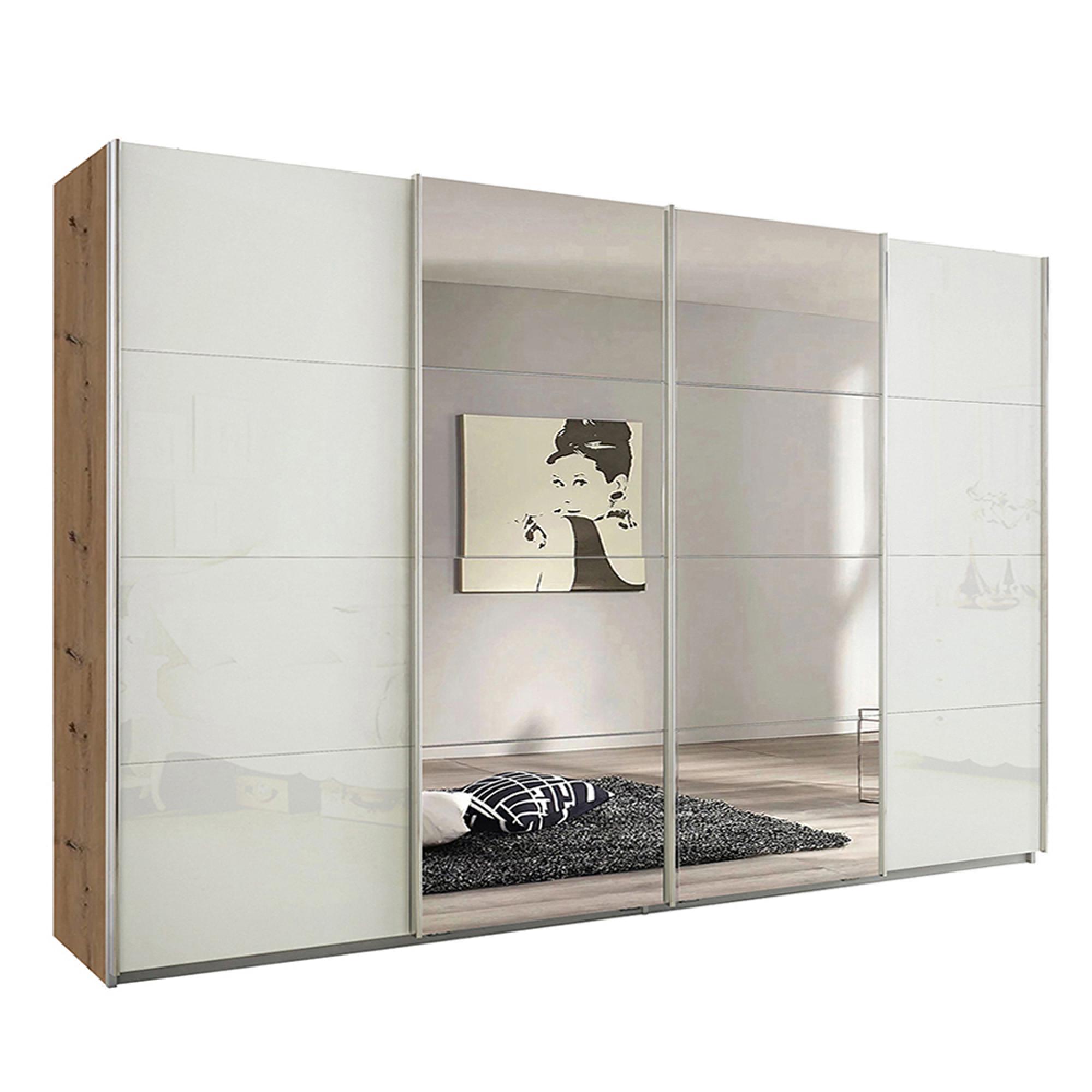 Rauch Syncrono 316cm 4 Door Sliding Wardrobe with Mirror - Artisan Oak and White Glass