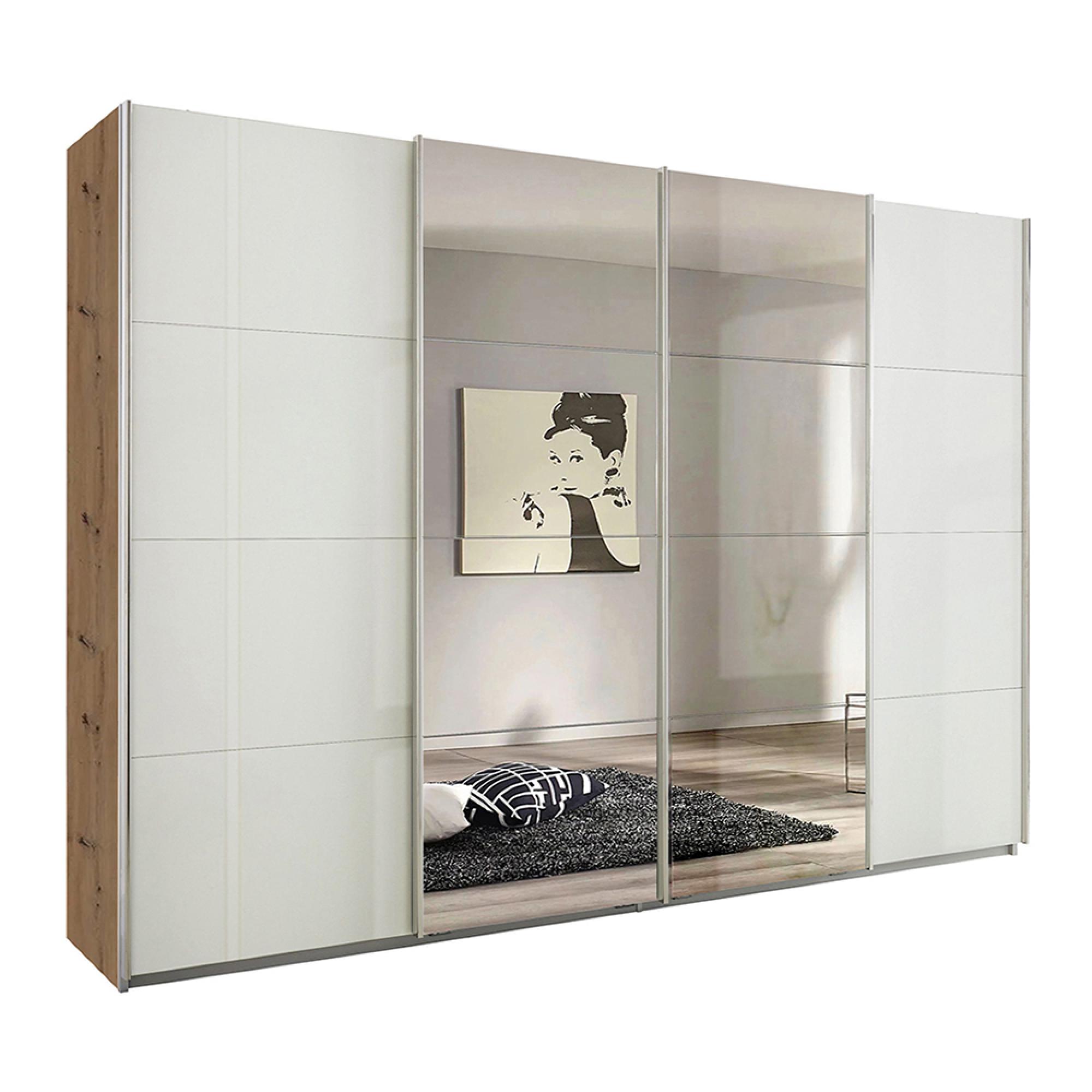 Rauch Syncrono 316cm 4 Door Sliding Wardrobe with Mirror - Artisan Oak and White High Gloss