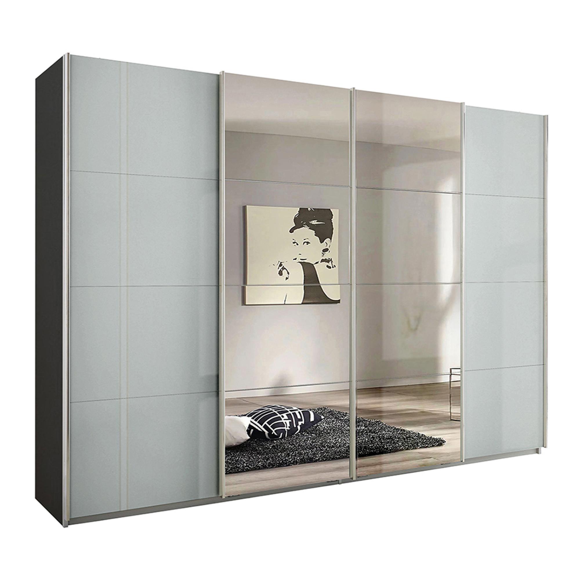 Rauch Syncrono 316cm 4 Door Sliding Wardrobe with Mirror - Metallic Dark Grey and Grey High Gloss