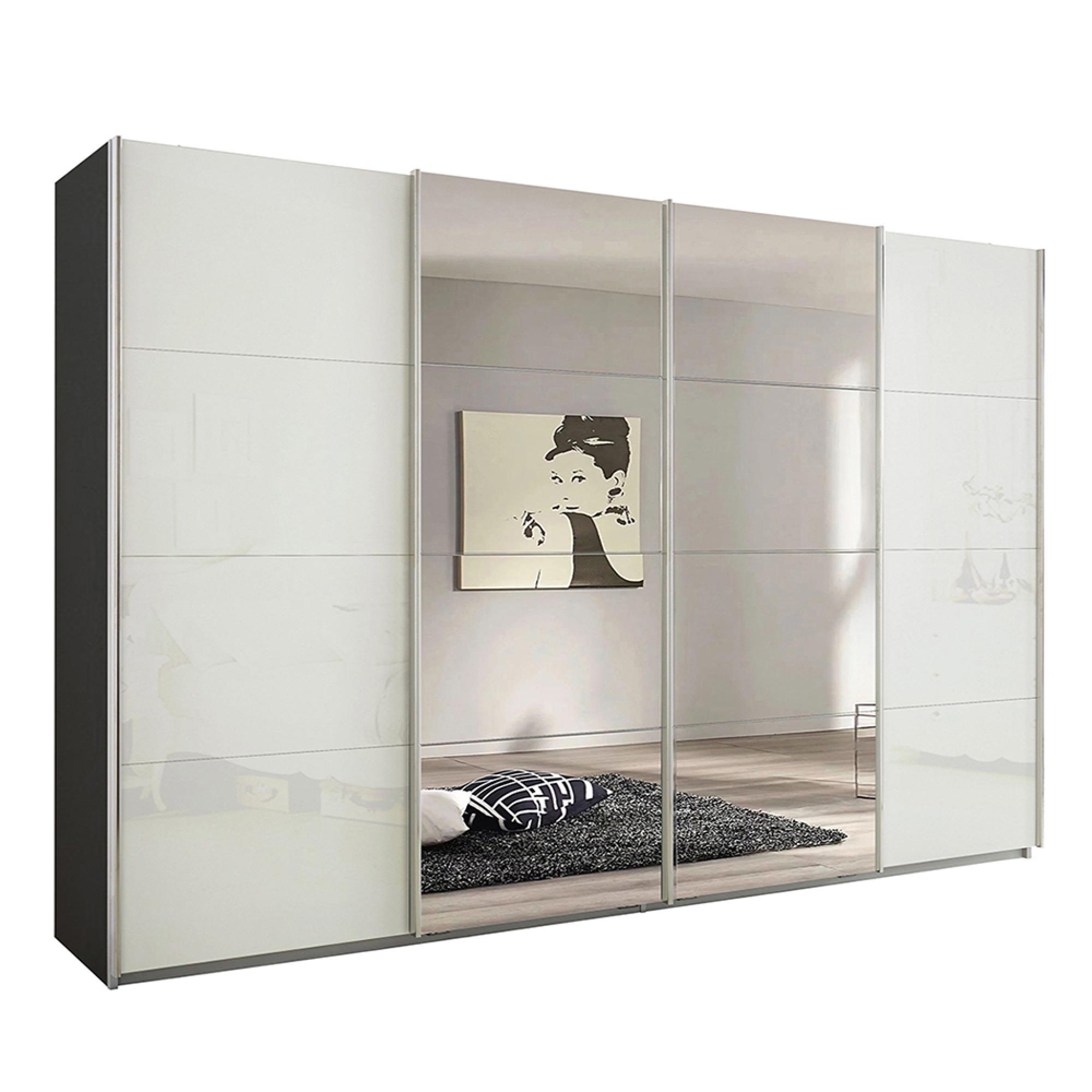 Rauch Syncrono 316cm 4 Door Sliding Wardrobe with Mirror - Metallic Dark Grey and White Glass