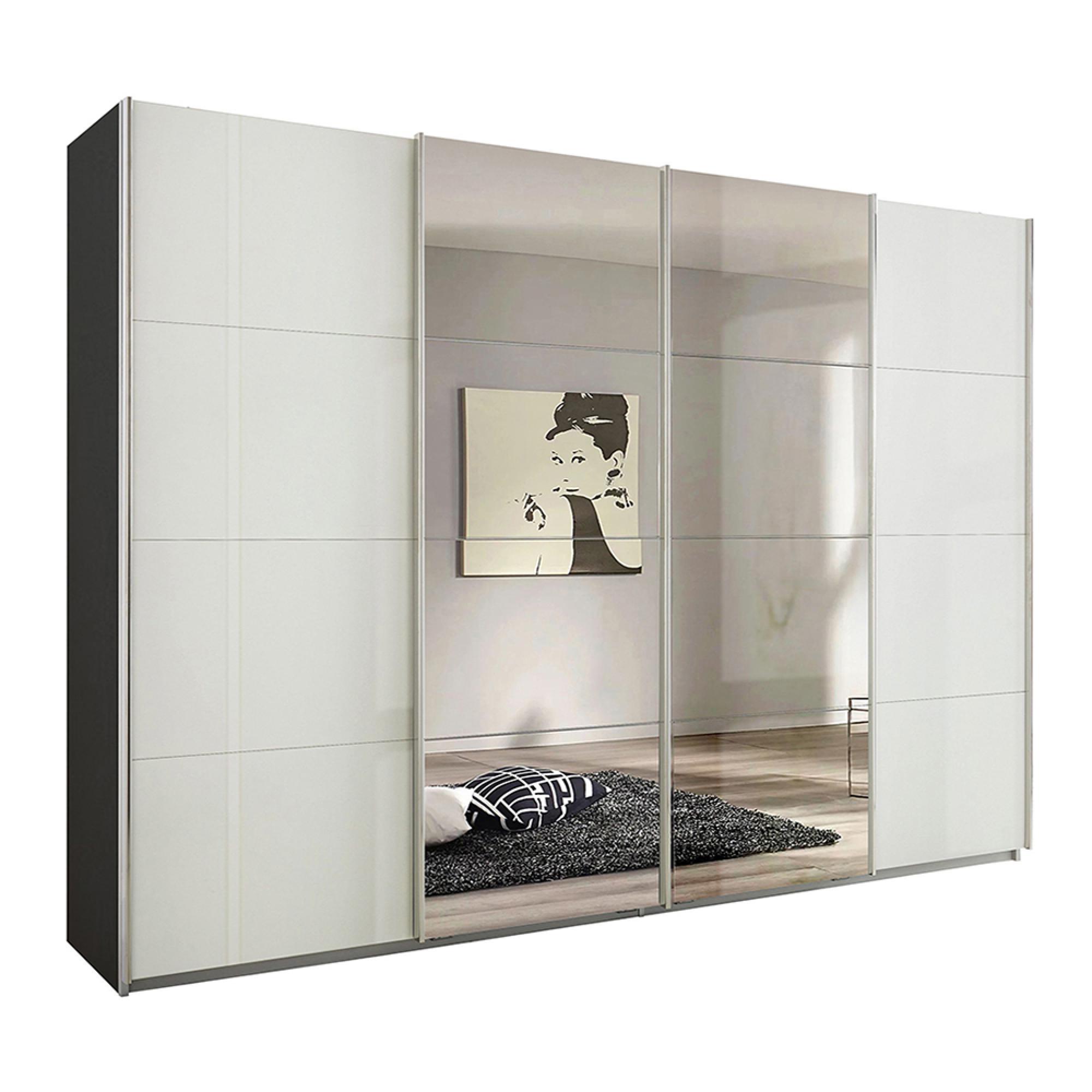 Rauch Syncrono 316cm 4 Door Sliding Wardrobe with Mirror - Metallic Dark Grey and White High Gloss