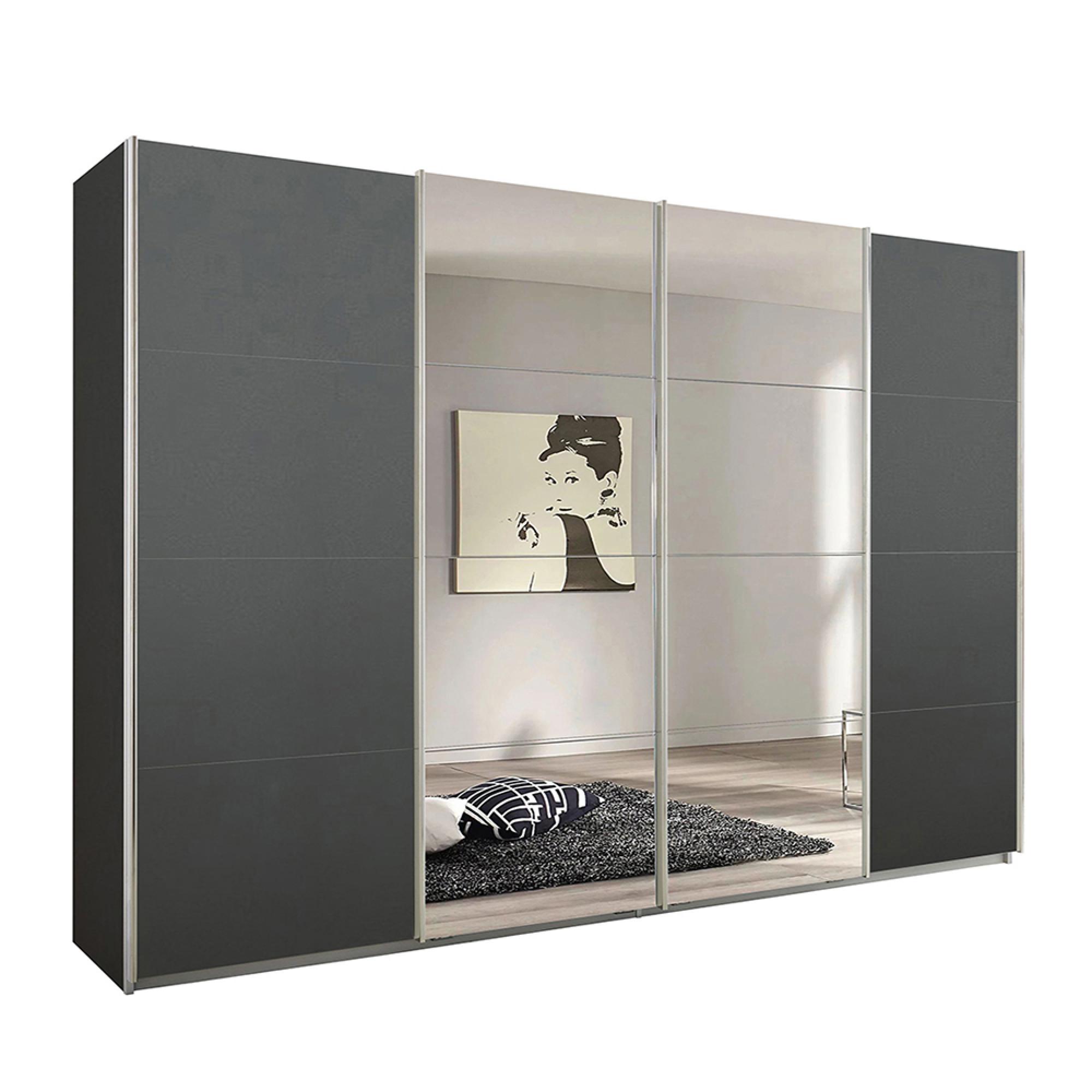 Rauch Syncrono 316cm 4 Door Sliding Wardrobe with Mirror - Metallic Dark Grey
