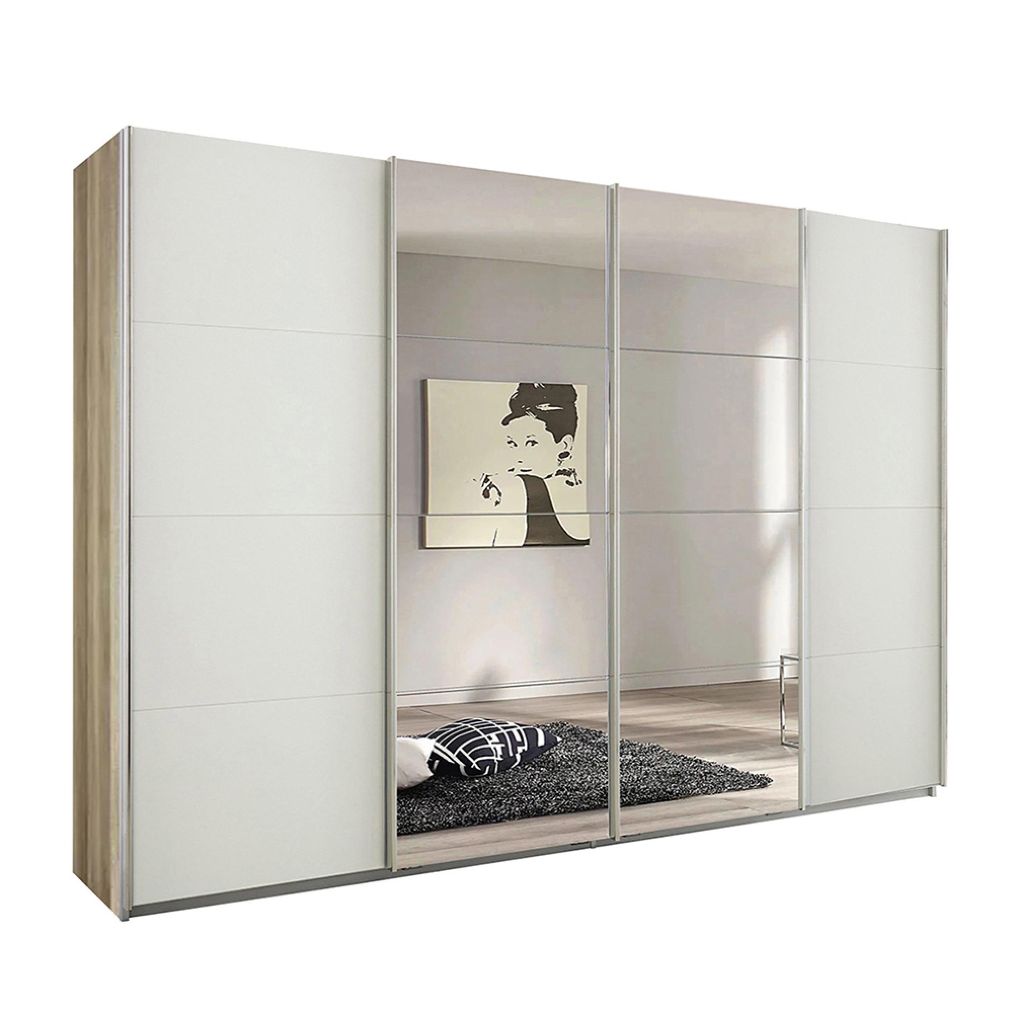 Rauch Syncrono 316cm 4 Door Sliding Wardrobe with Mirror - Sanremo Oak Light and Alpine White