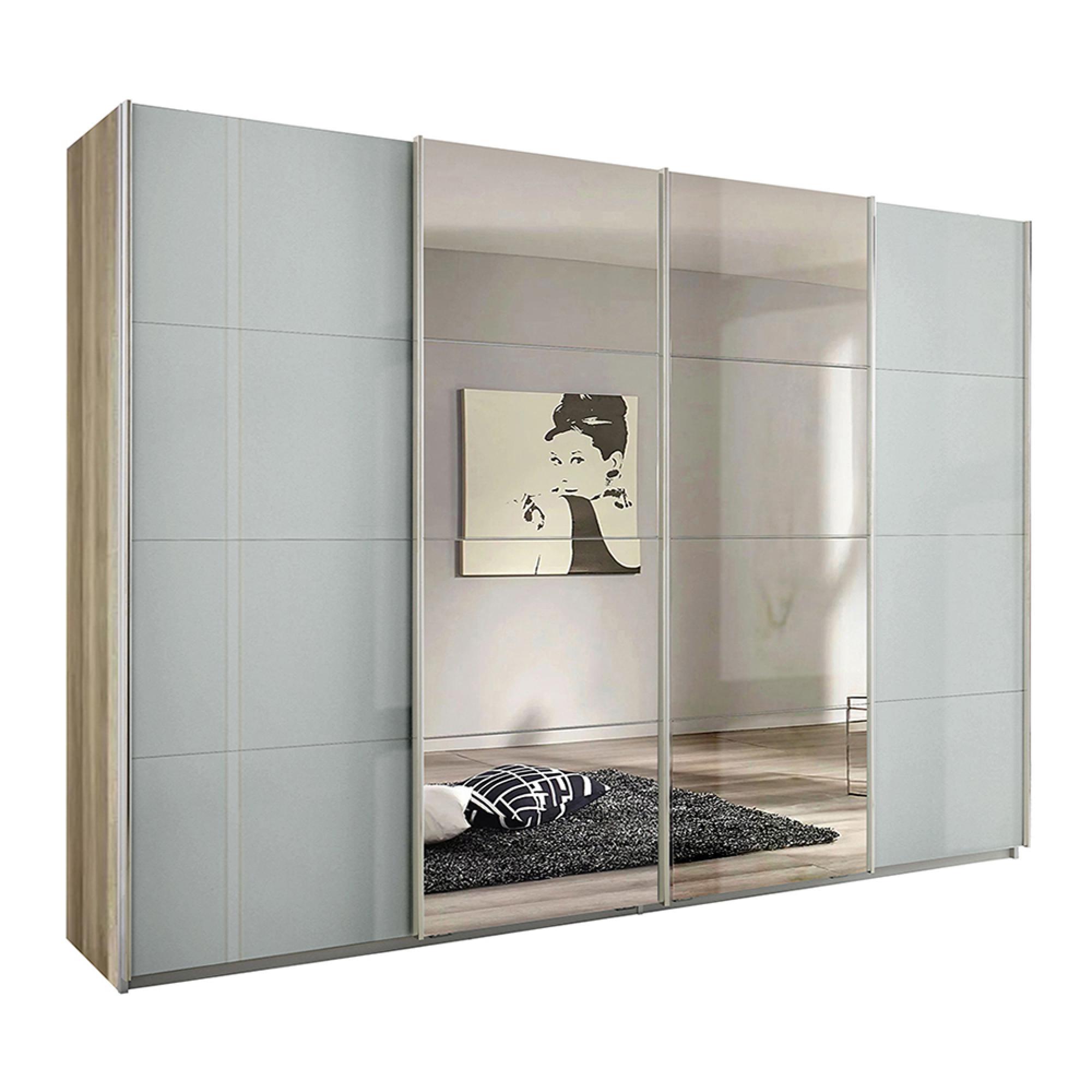 Rauch Syncrono 316cm 4 Door Sliding Wardrobe with Mirror - Sanremo Oak Light and Grey High Gloss