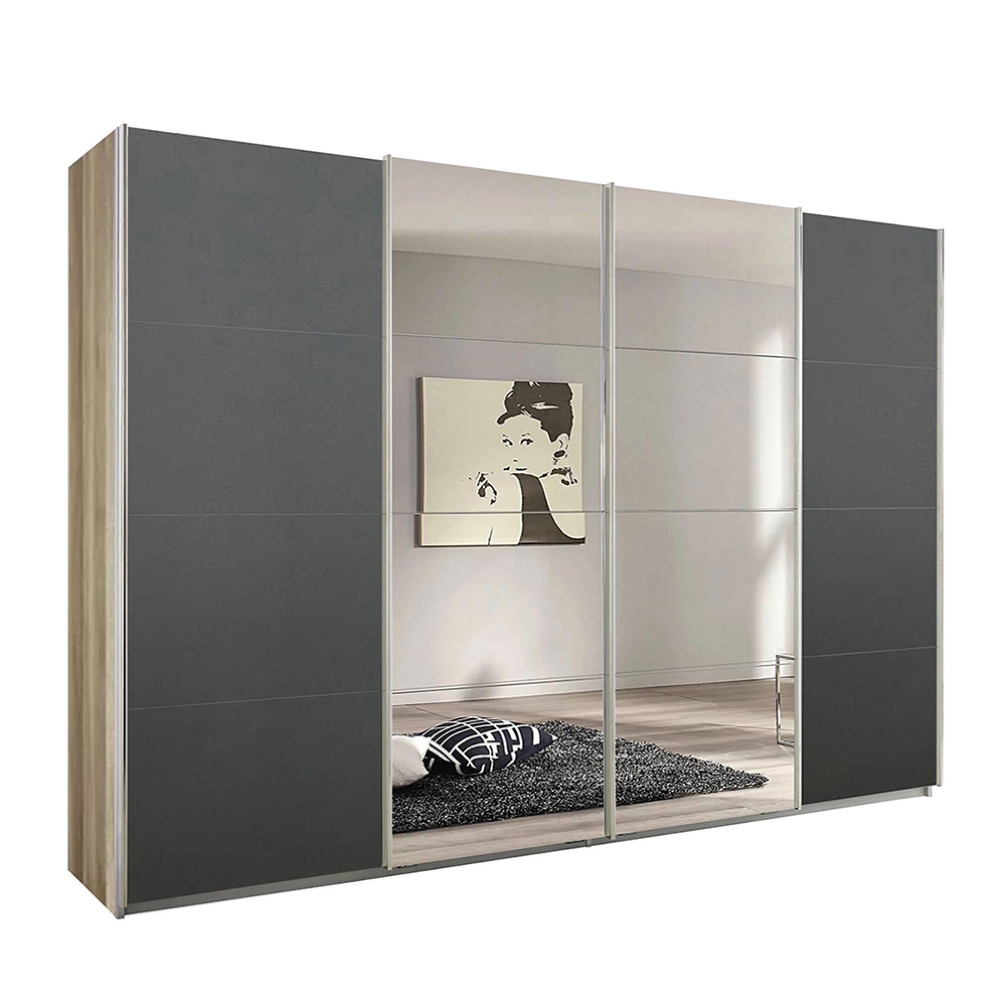 Rauch Syncrono 316cm 4 Door Sliding Wardrobe with Mirror - Sanremo Oak Light and Metallic Dark Grey