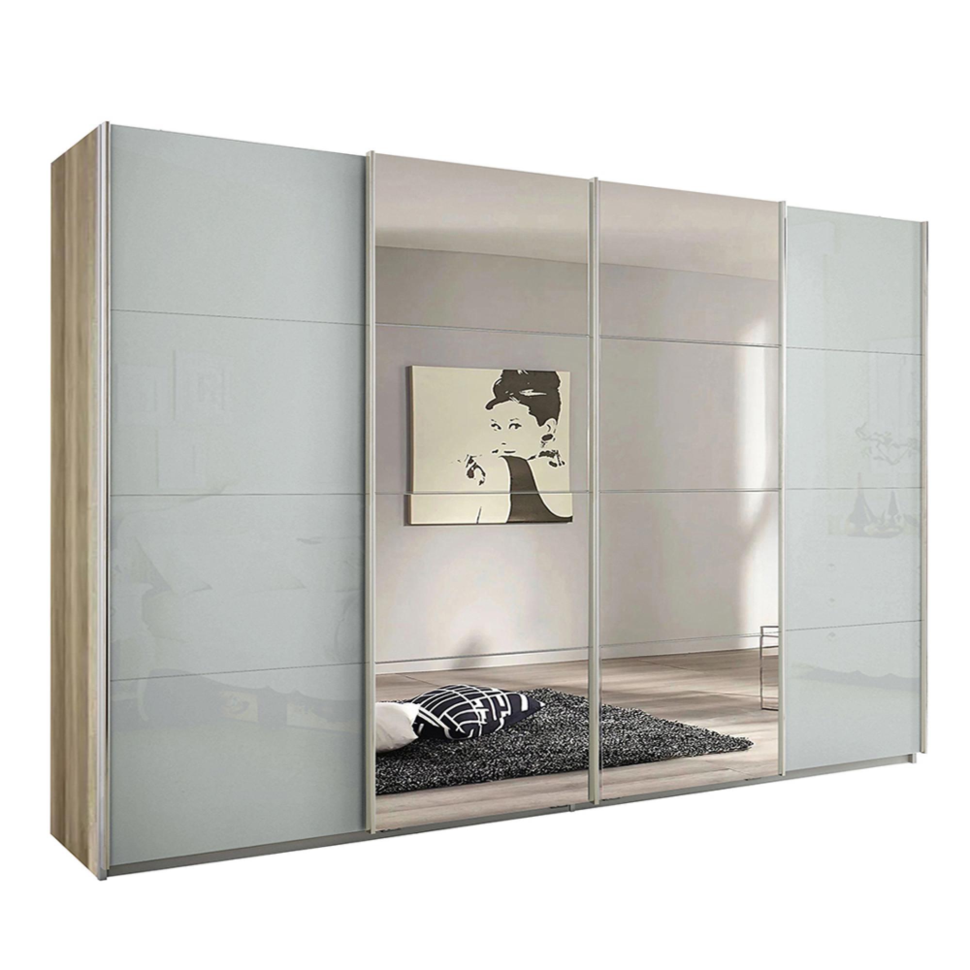Rauch Syncrono 316cm 4 Door Sliding Wardrobe with Mirror - Sanremo Oak Light and Silk Grey Glass