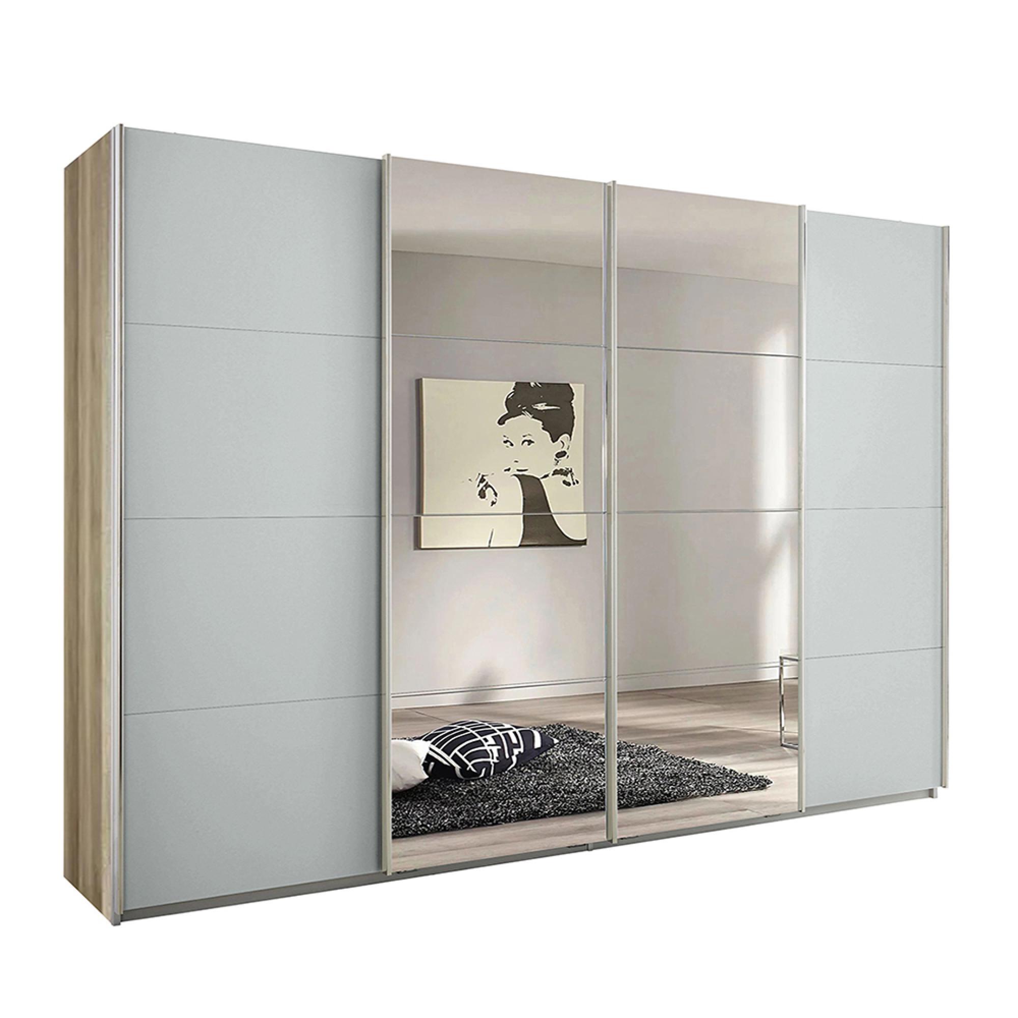Rauch Syncrono 316cm 4 Door Sliding Wardrobe with Mirror - Sanremo Oak Light and Silk Grey
