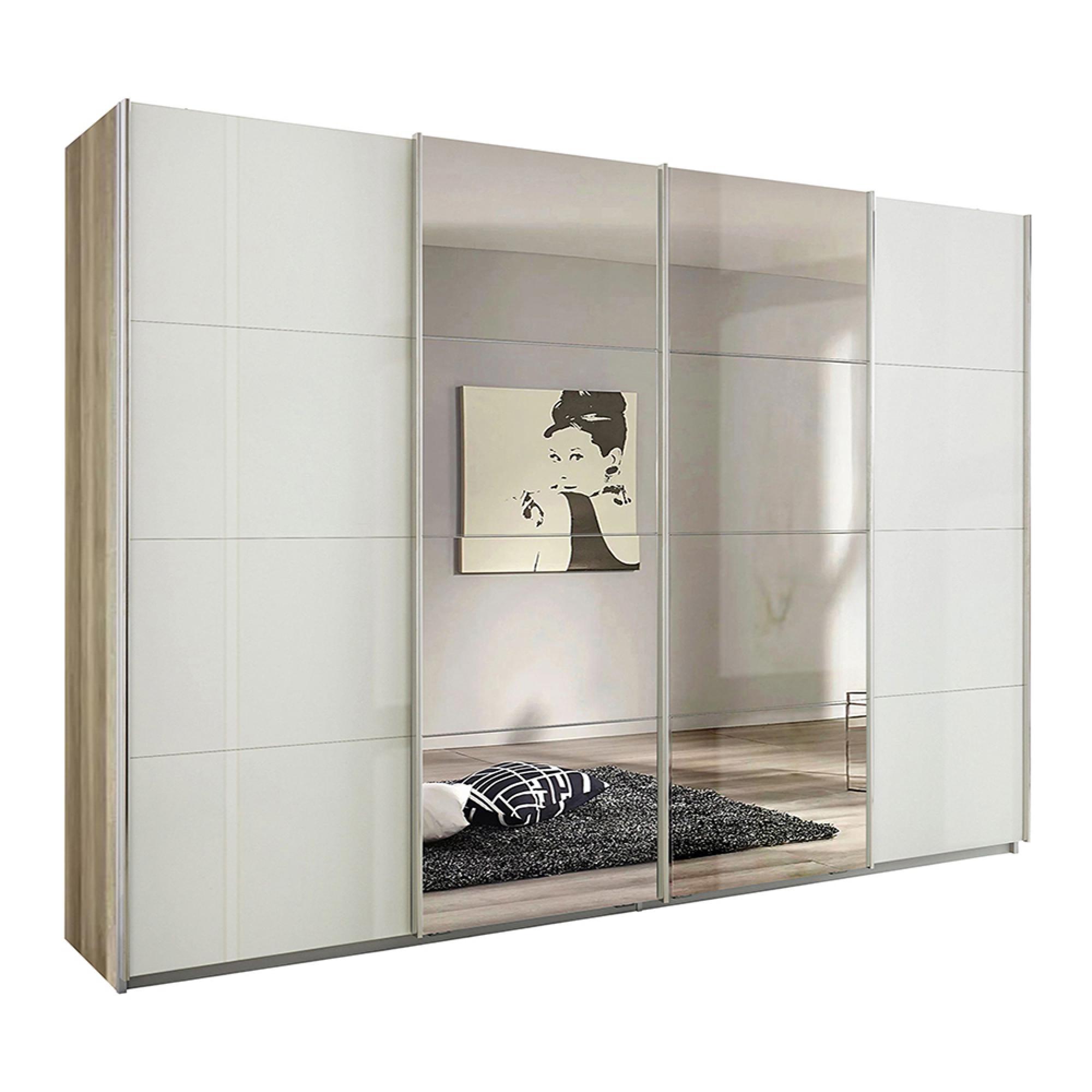 Rauch Syncrono 316cm 4 Door Sliding Wardrobe with Mirror - Sanremo Oak Light and White High Gloss