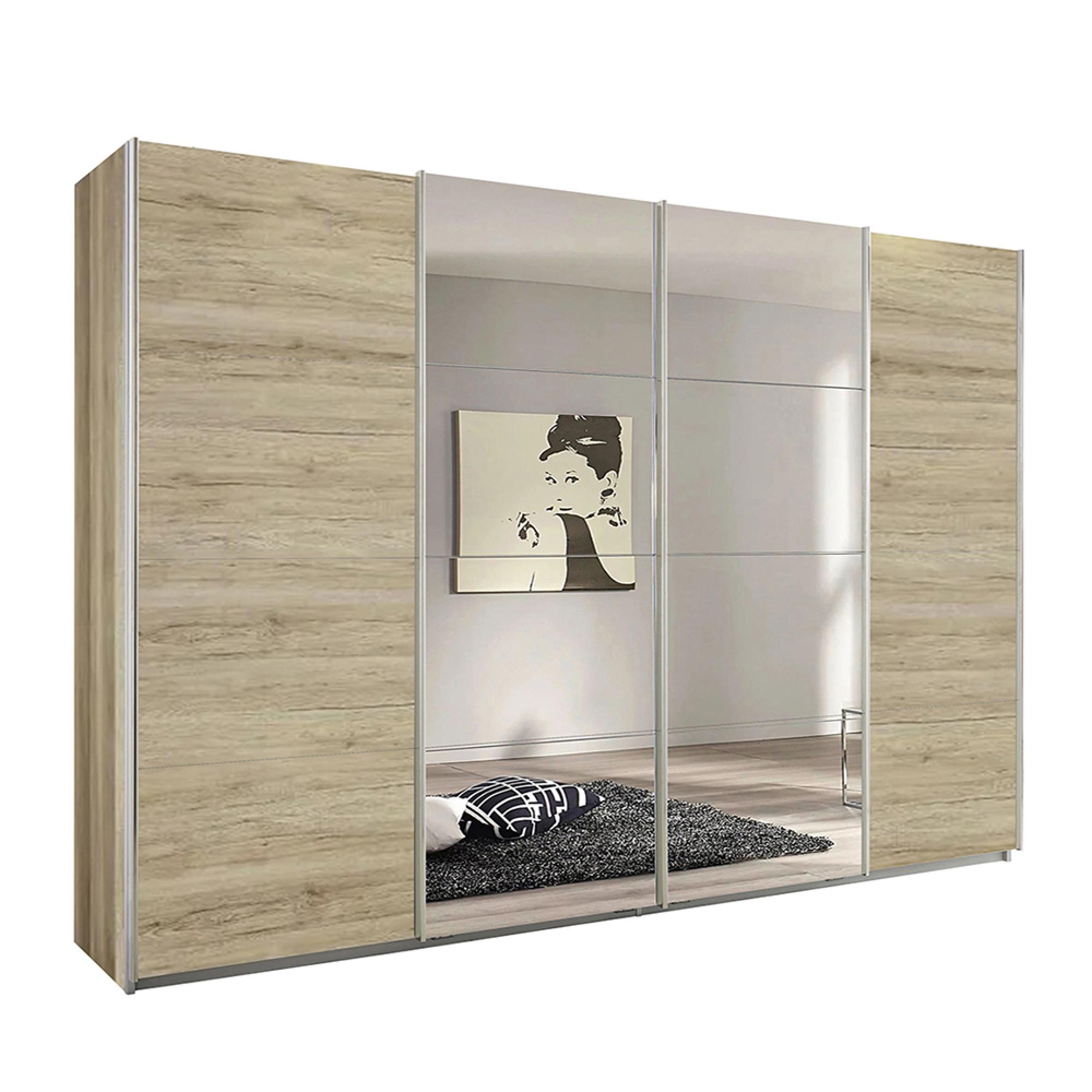 Rauch Syncrono 316cm 4 Door Sliding Wardrobe with Mirror - Sanremo Oak Light