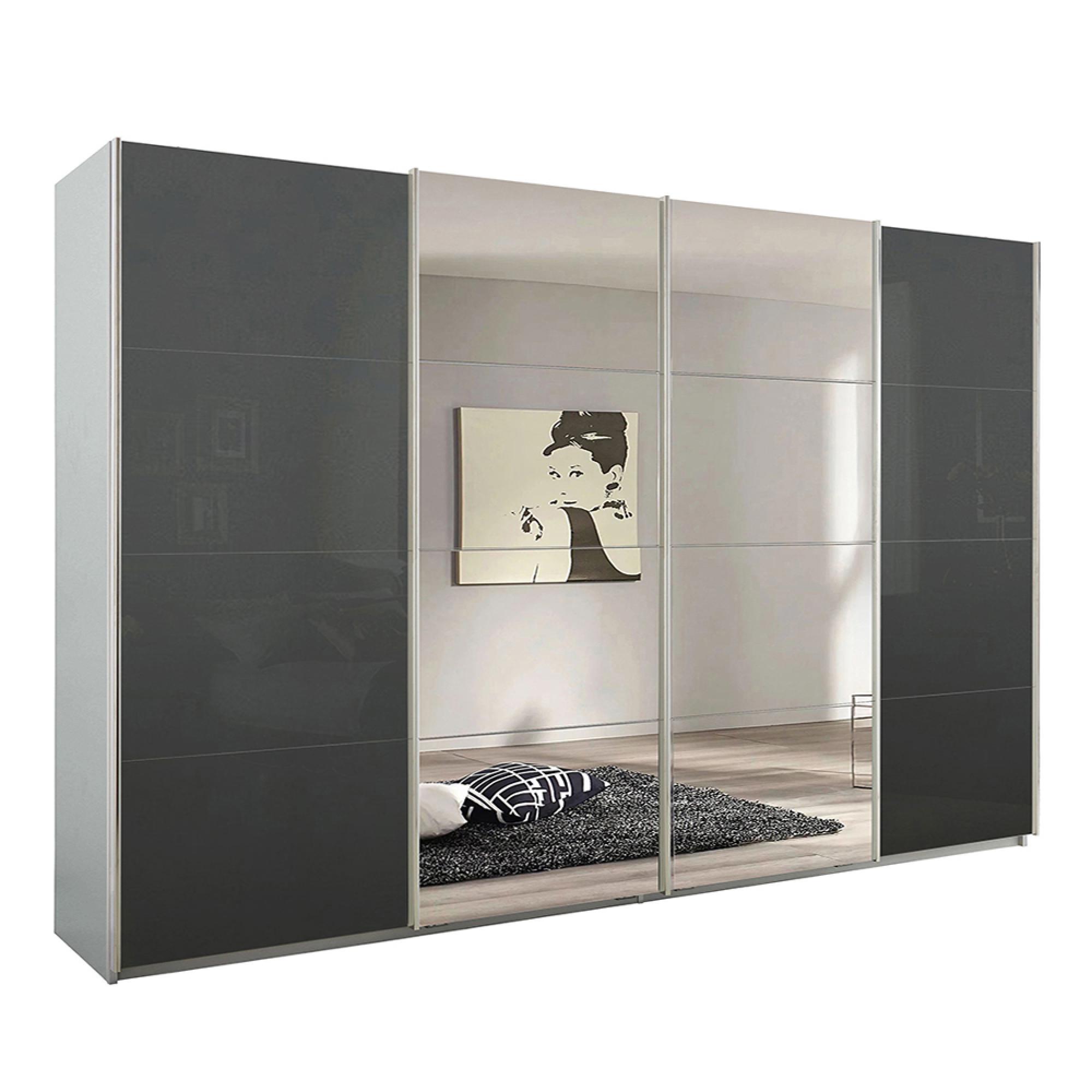 Rauch Syncrono 316cm 4 Door Sliding Wardrobe with Mirror - Silk Grey and Basalt Glass