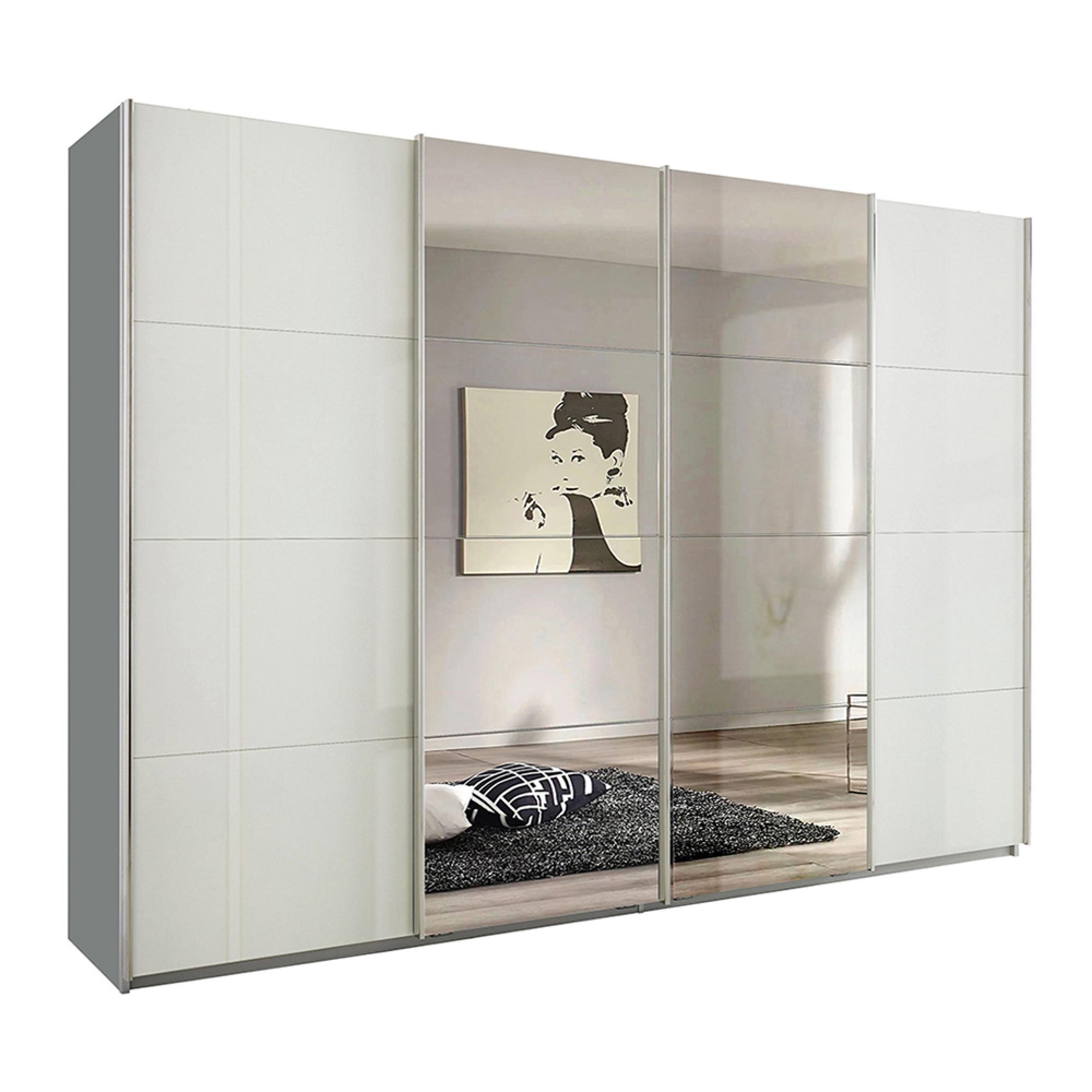 Rauch Syncrono 316cm 4 Door Sliding Wardrobe with Mirror - Silk Grey and White High Gloss