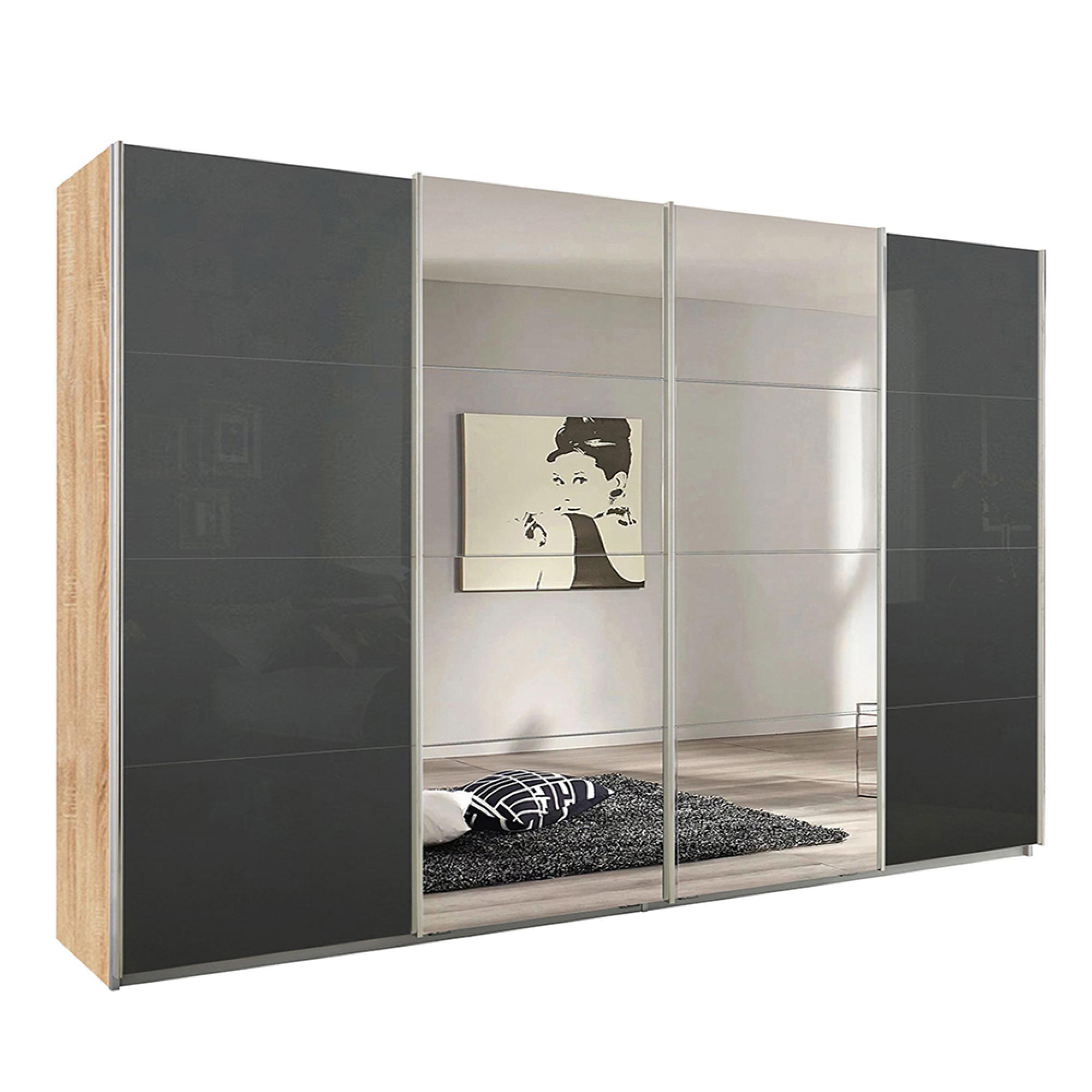 Rauch Syncrono 316cm 4 Door Sliding Wardrobe with Mirror - Sonoma Oak and Basalt Glass