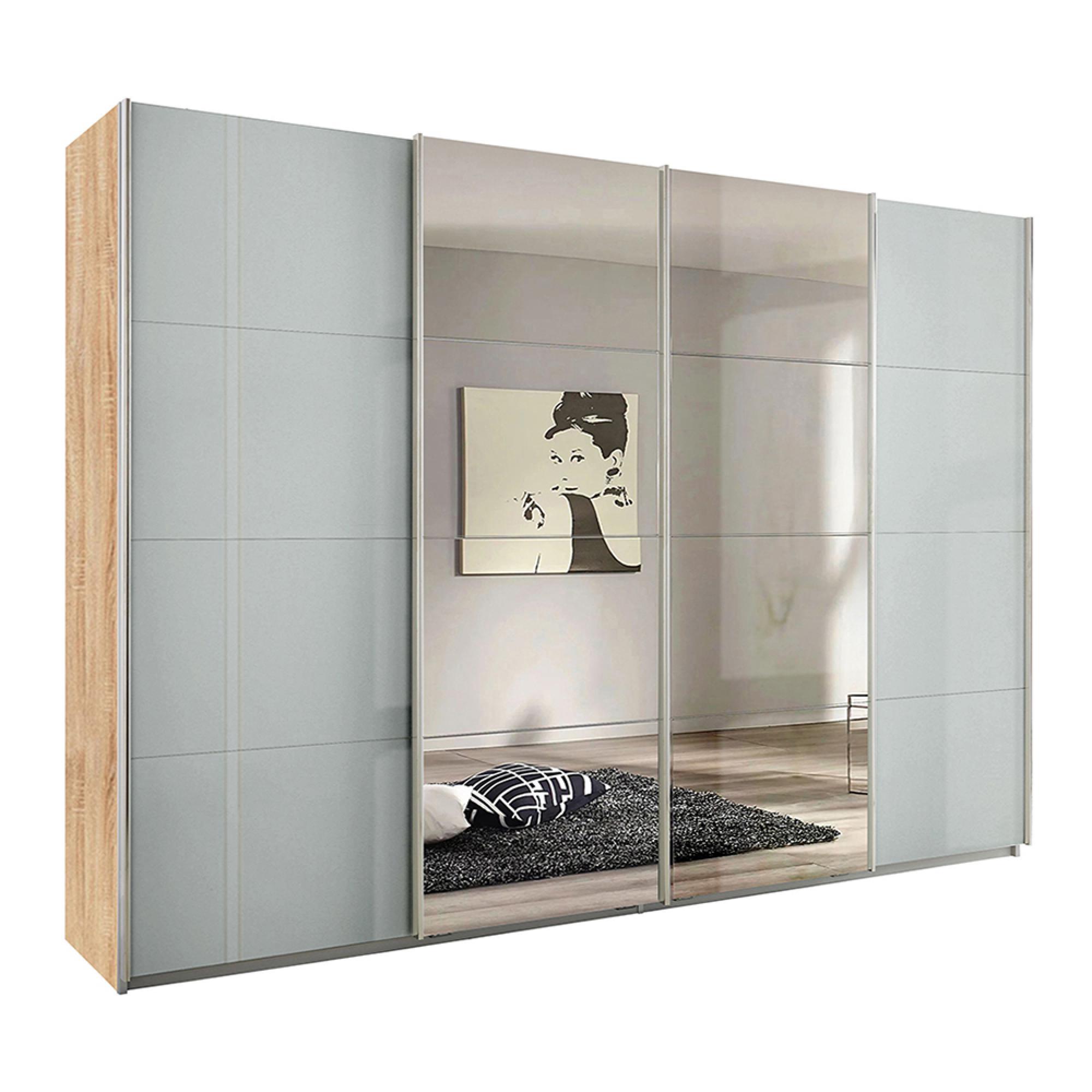 Rauch Syncrono 316cm 4 Door Sliding Wardrobe with Mirror - Sonoma Oak and Grey High Gloss