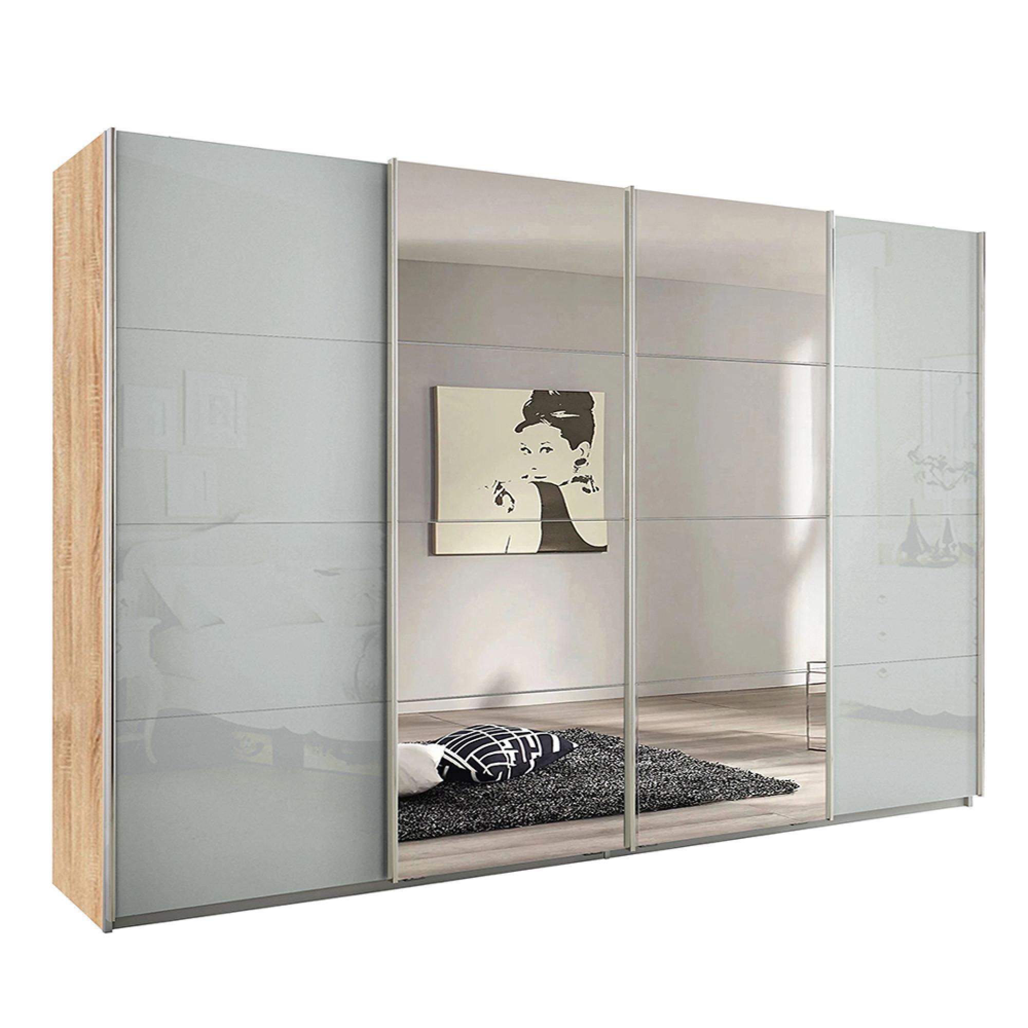 Rauch Syncrono 316cm 4 Door Sliding Wardrobe with Mirror - Sonoma Oak and Silk Grey Glass
