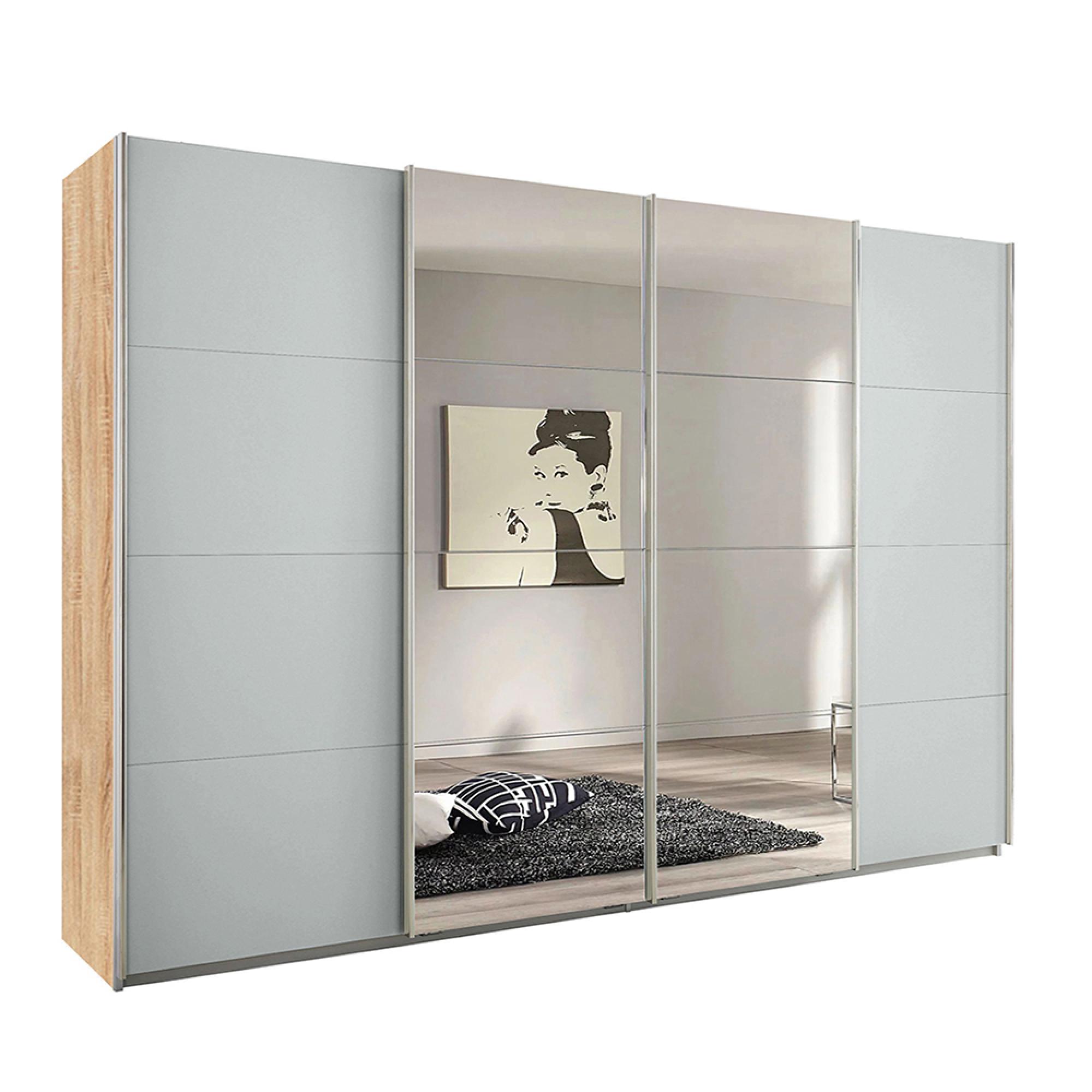 Rauch Syncrono 316cm 4 Door Sliding Wardrobe with Mirror - Sonoma Oak and Silk Grey