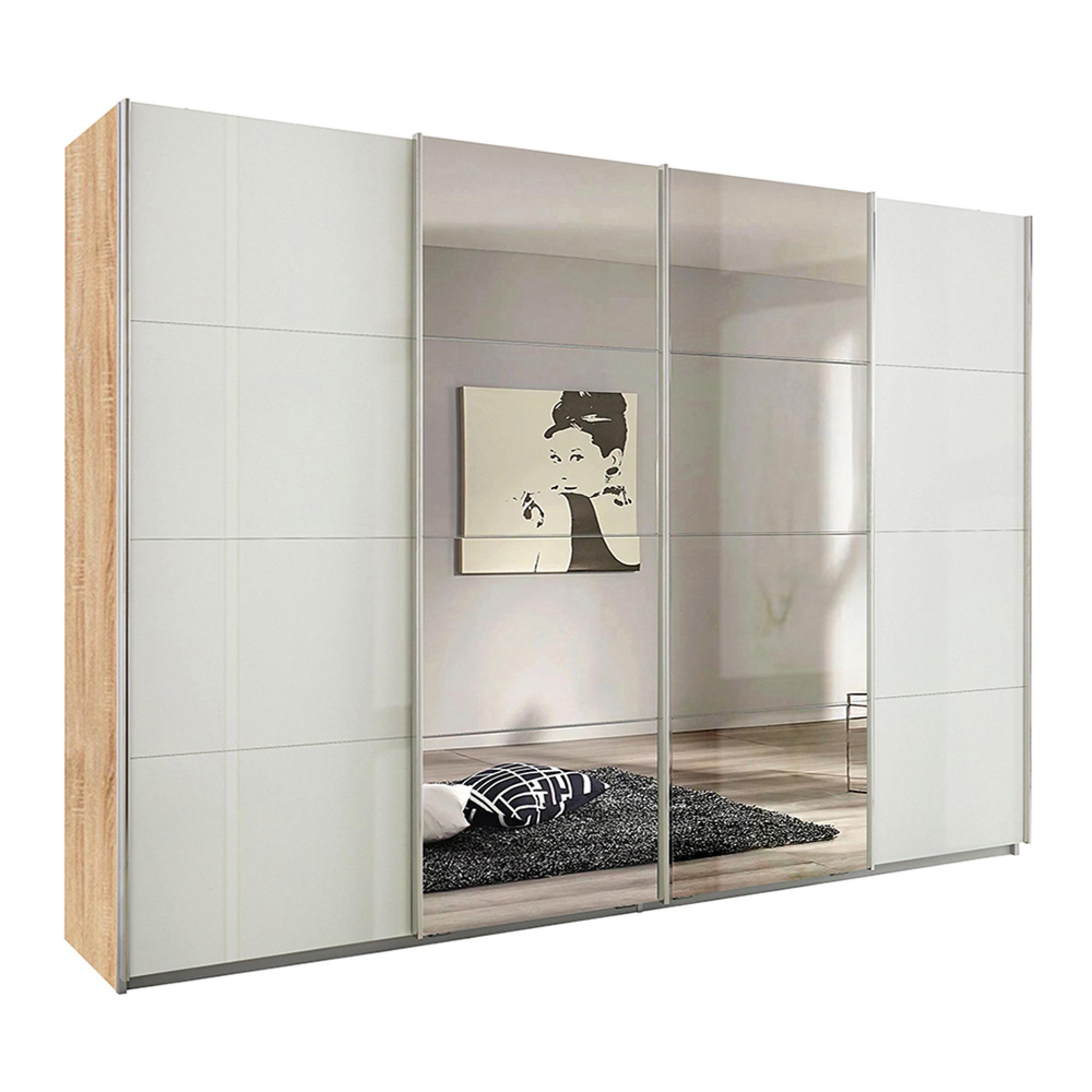 Rauch Syncrono 316cm 4 Door Sliding Wardrobe with Mirror - Sonoma Oak and White High Gloss