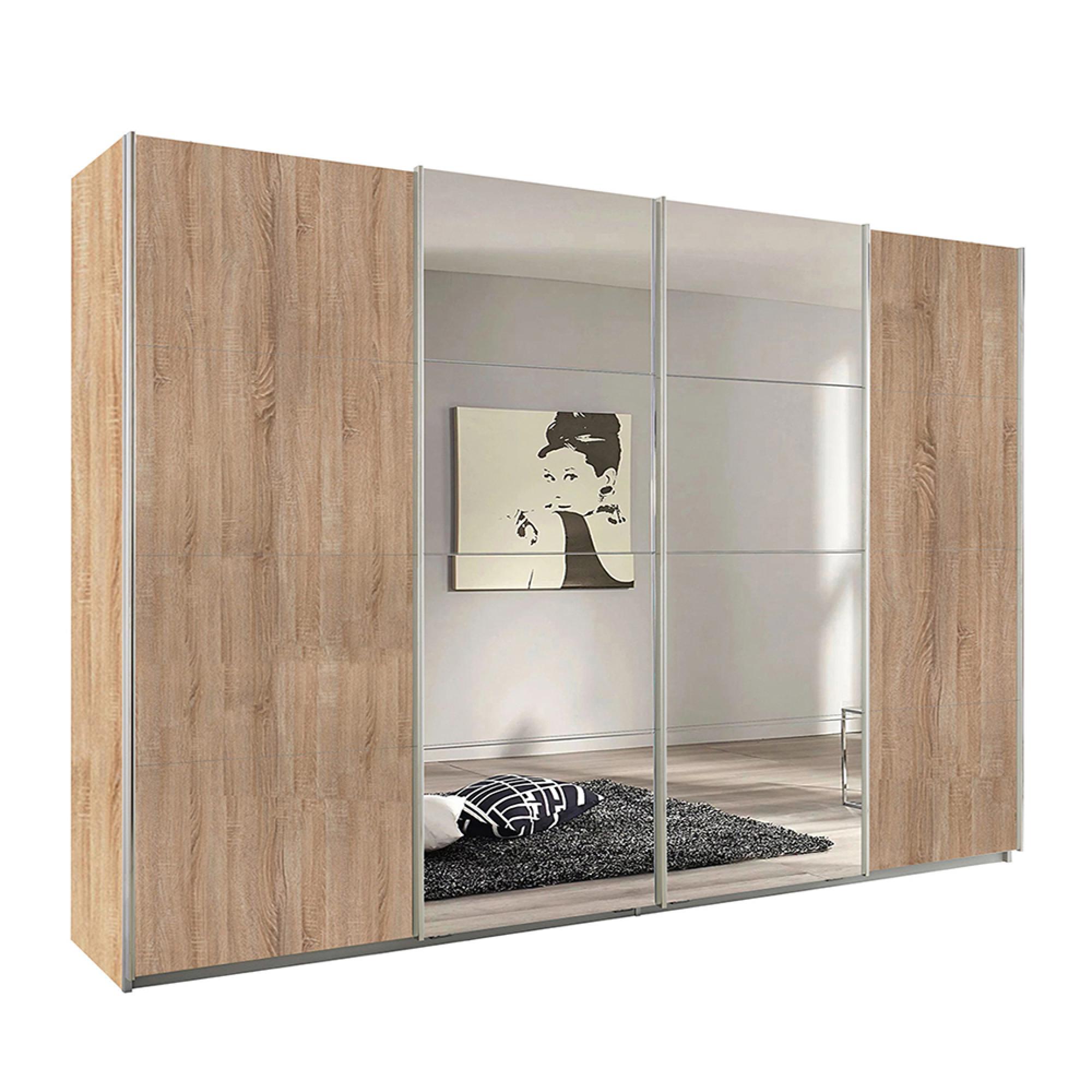 Rauch Syncrono 316cm 4 Door Sliding Wardrobe with Mirror - Sonoma Oak