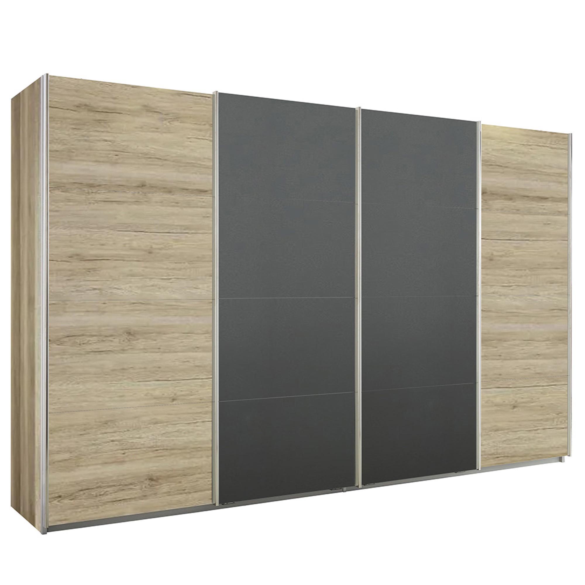Rauch Syncrono 361cm 4 Door Sliding Wardrobe - Sanremo Oak Light and Metallic Dark Grey