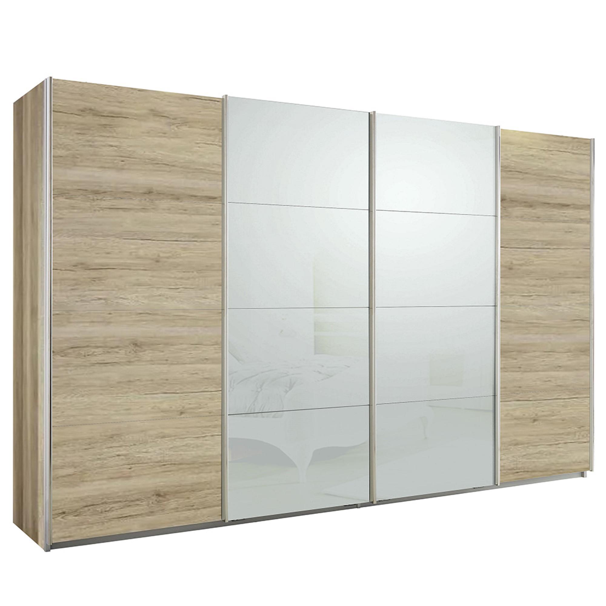 Rauch Syncrono 361cm 4 Door Sliding Wardrobe - Sanremo Oak Light and Silk Grey Glass