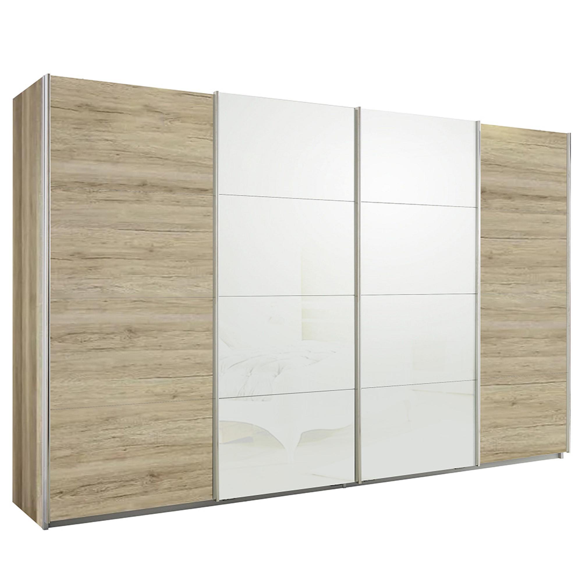 Rauch Syncrono 361cm 4 Door Sliding Wardrobe - Sanremo Oak Light and White Glass