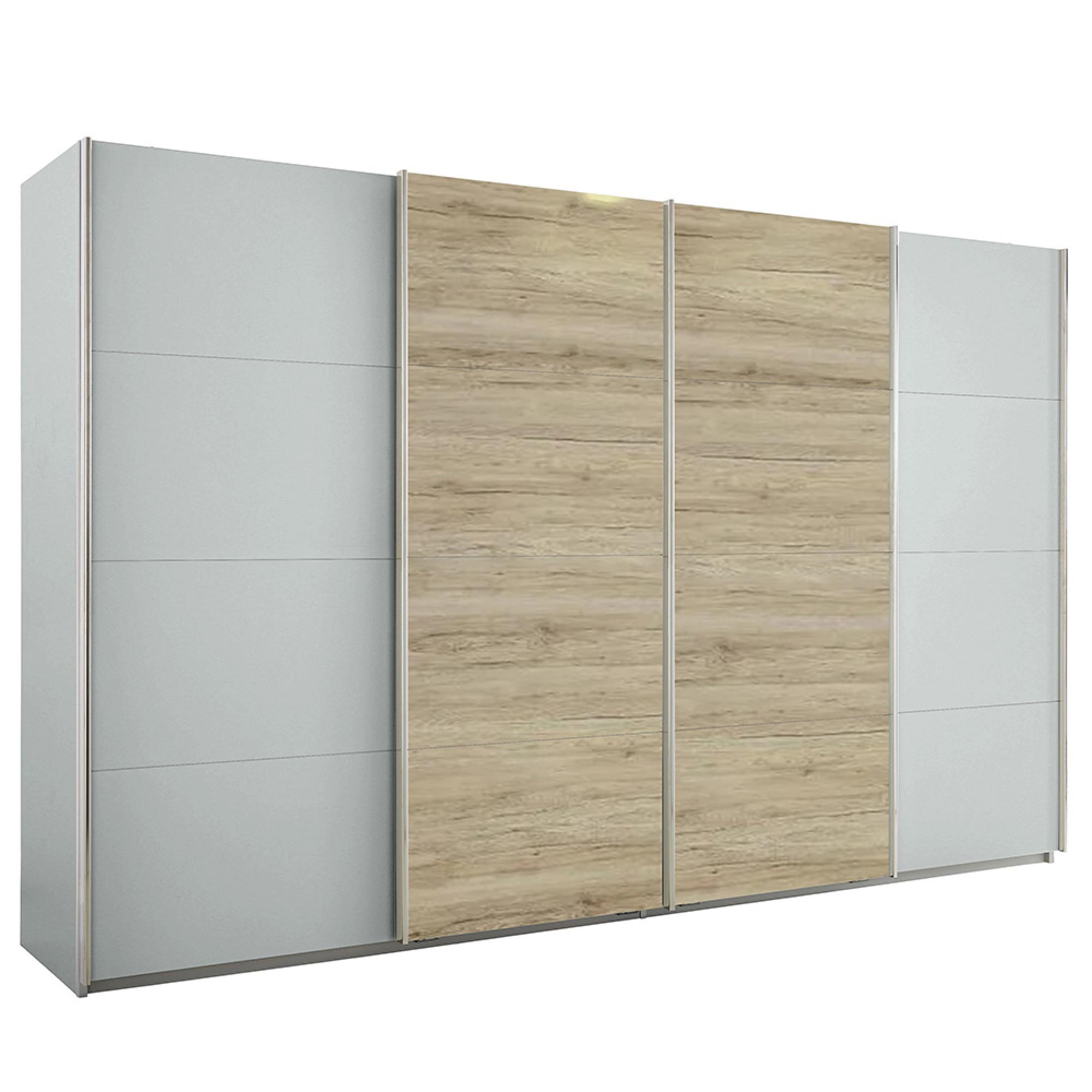 Rauch Syncrono 361cm 4 Door Sliding Wardrobe - Silk Grey and Sanremo Oak Light
