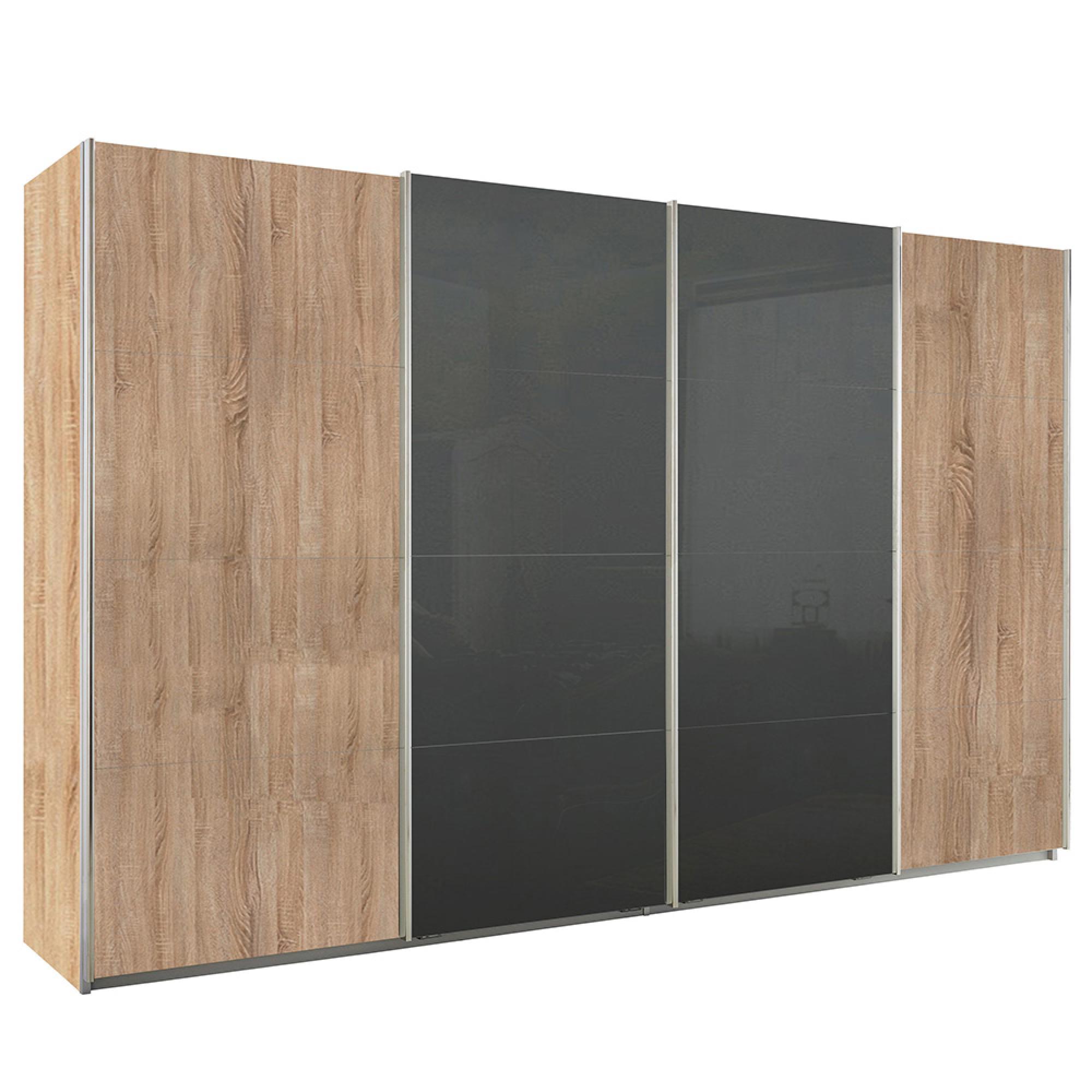 Rauch Syncrono 361cm 4 Door Sliding Wardrobe - Sonoma Oak and Basalt Glass