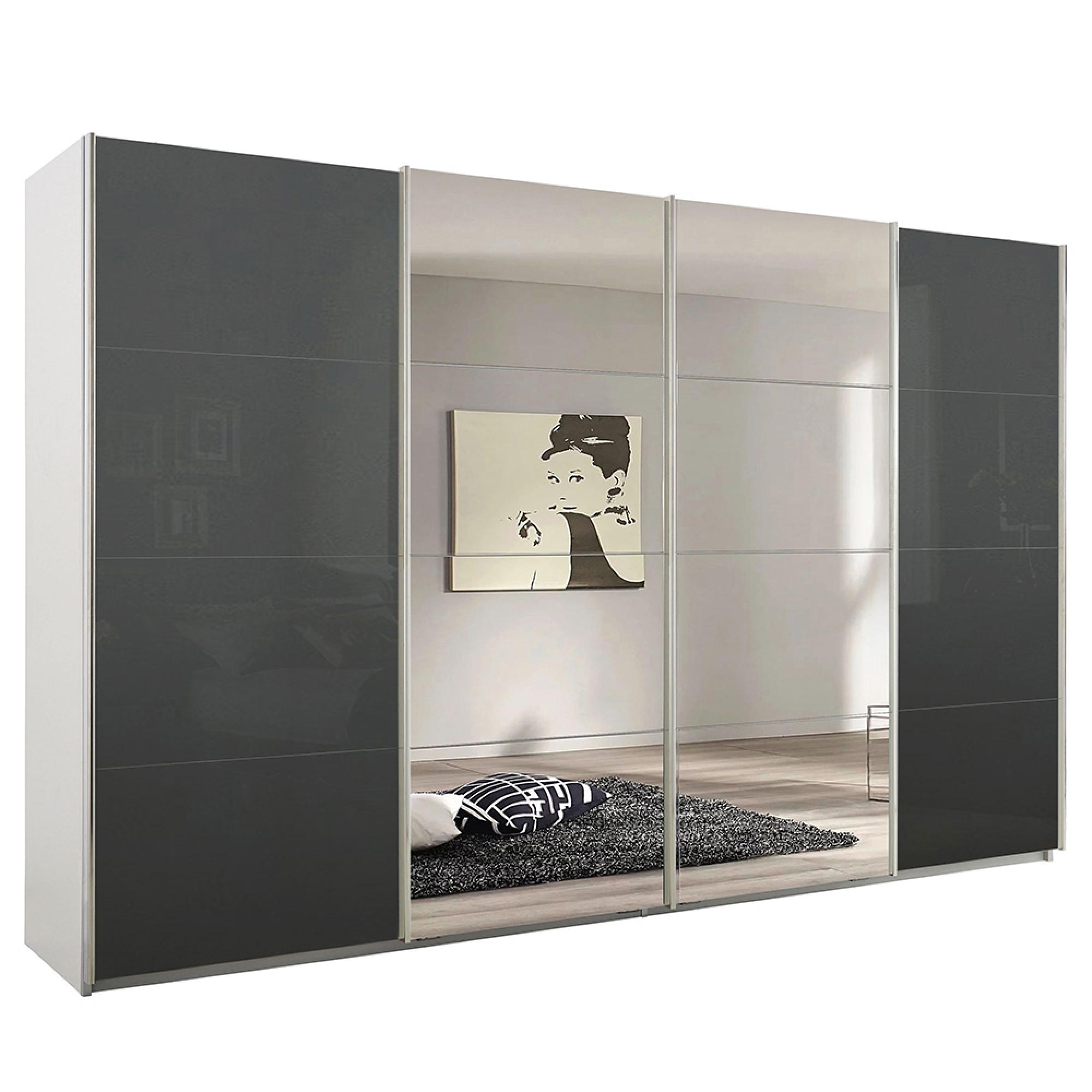 Rauch Syncrono 361cm 4 Door Sliding Wardrobe with Mirror - Alpine White and Basalt Glass
